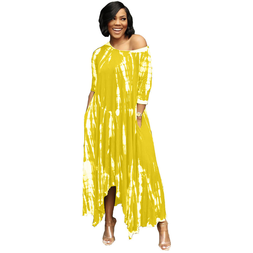 Long Slit Skirt Wide Neck Tie Dye Dress - Boho Chic Summer Maxi Dress for Beach Vacation & Music Festivals