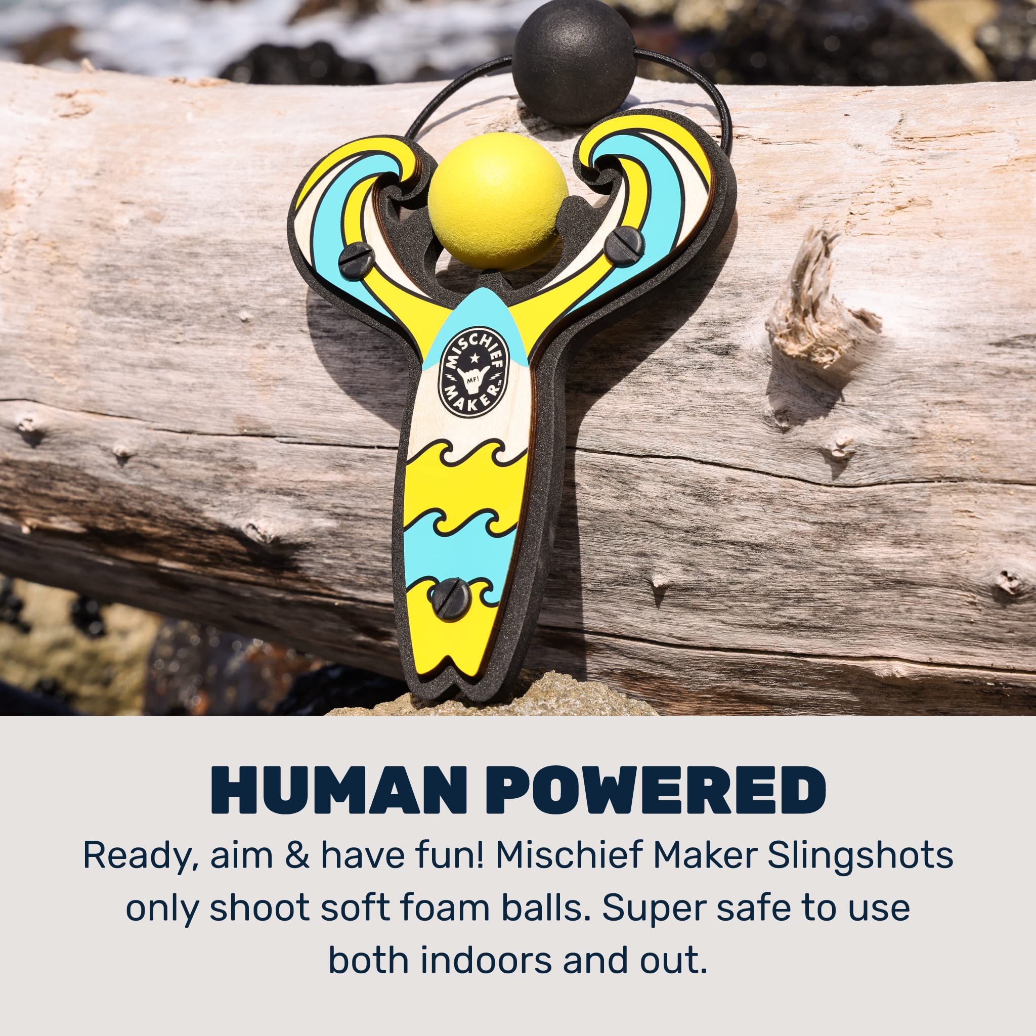 Mischief Maker® Wooden Slingshot - Surf’s Up Series - Real Wood Kids Slingshot with 4 Soft Foam Balls & Storage Bag - Outdoor Toys for Boys Girls Ages 4+ - Perfect for Backyard Games, Beach Fun and Camping Activities