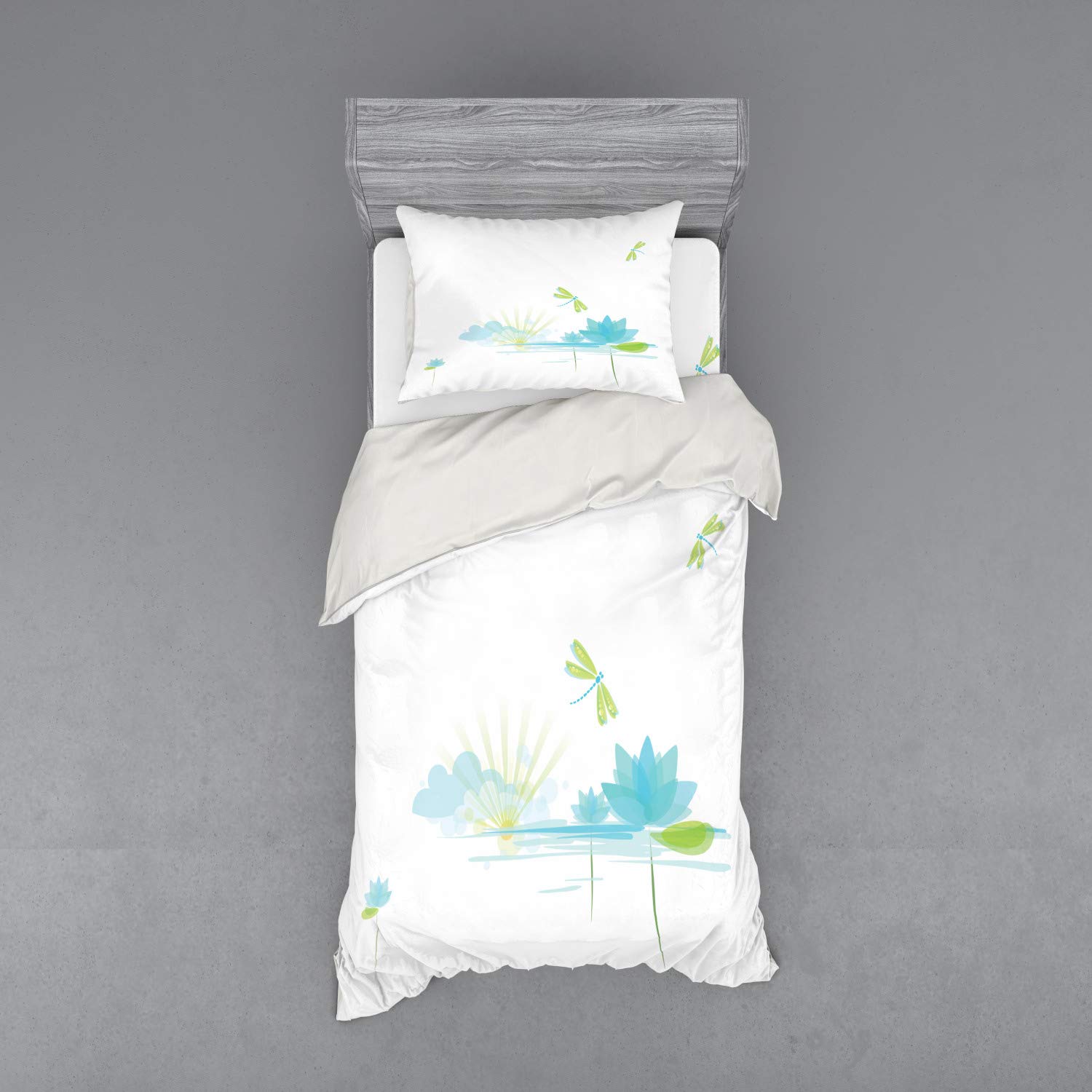 Ambesonne Dragonfly Duvet Cover Set - 3 Piece Twin XL Bedding with Waterlily, Dragonfly & Lake Design in Apple Green & Pale Blue | Nature Inspired Bedroom Decor for Teens & Adults