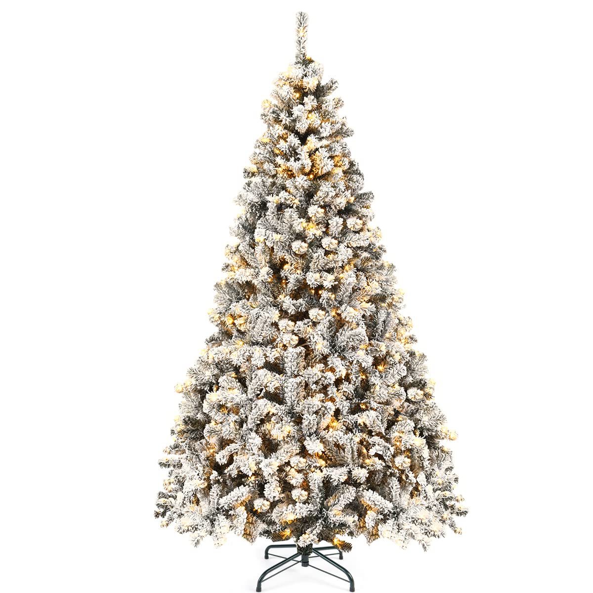 Goplus 7.5ft Pre-Lit Artificial Christmas Tree with LED Lights - Premium PVC Snow Flocked Hinged Pine Tree with Metal Stand - Perfect for Home, Office, Party & Outdoor Holiday Decorations (Indoor/Outdoor Use)
