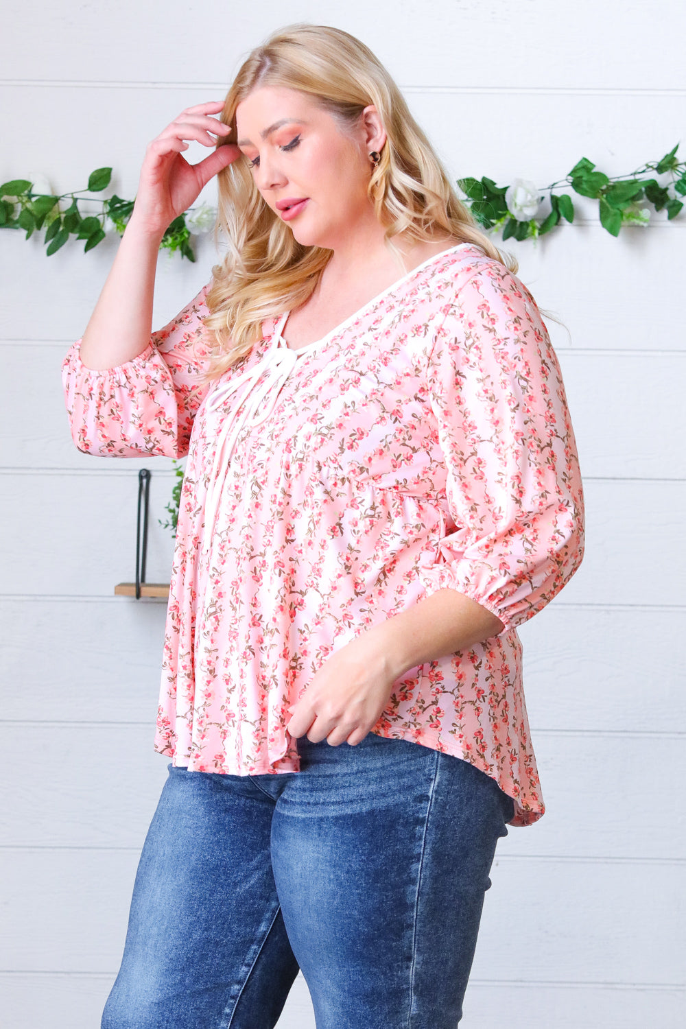 Pink Floral Stripe V-Neck Knit Top for Women - Casual Chic Blouse for Spring Outfits & Date Nights