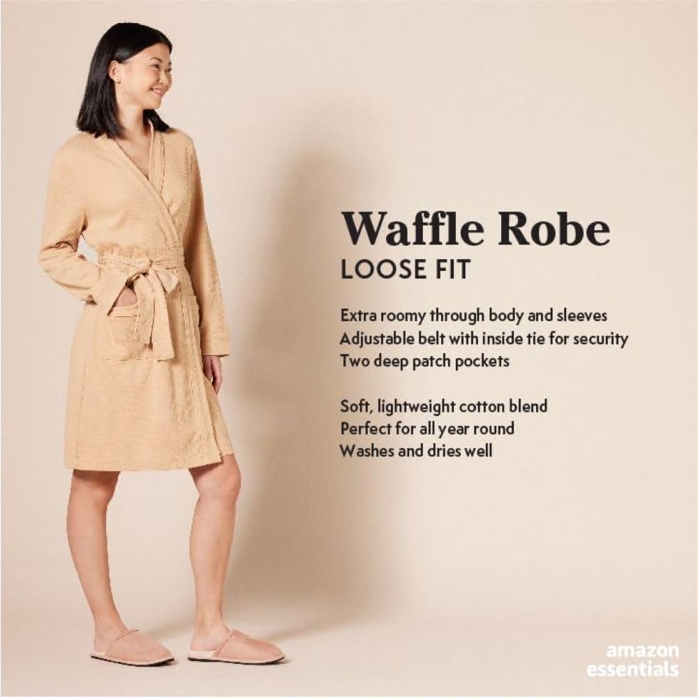 Amazon Essentials Women's Lightweight Waffle Mid-Length Robe - Soft & Comfortable Bathrobe for Women (Plus Size Available) - Perfect for Spa, Lounging & Relaxation at Home