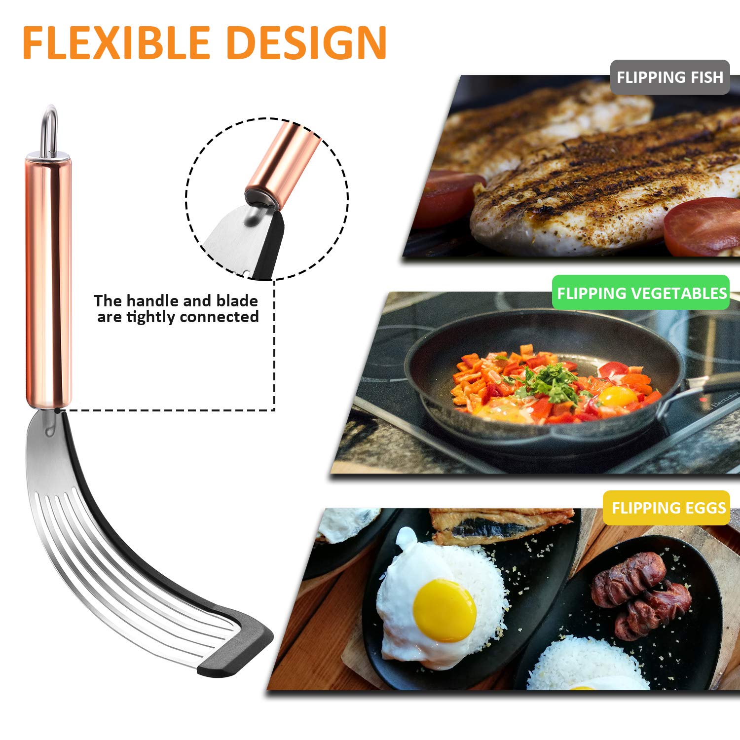 Flexible Stainless Steel Slotted Spatula with Silicone Soft Edge & Golden Handle - Perfect for Flipping Pancakes, Burgers & Eggs (Black, 1 Piece)