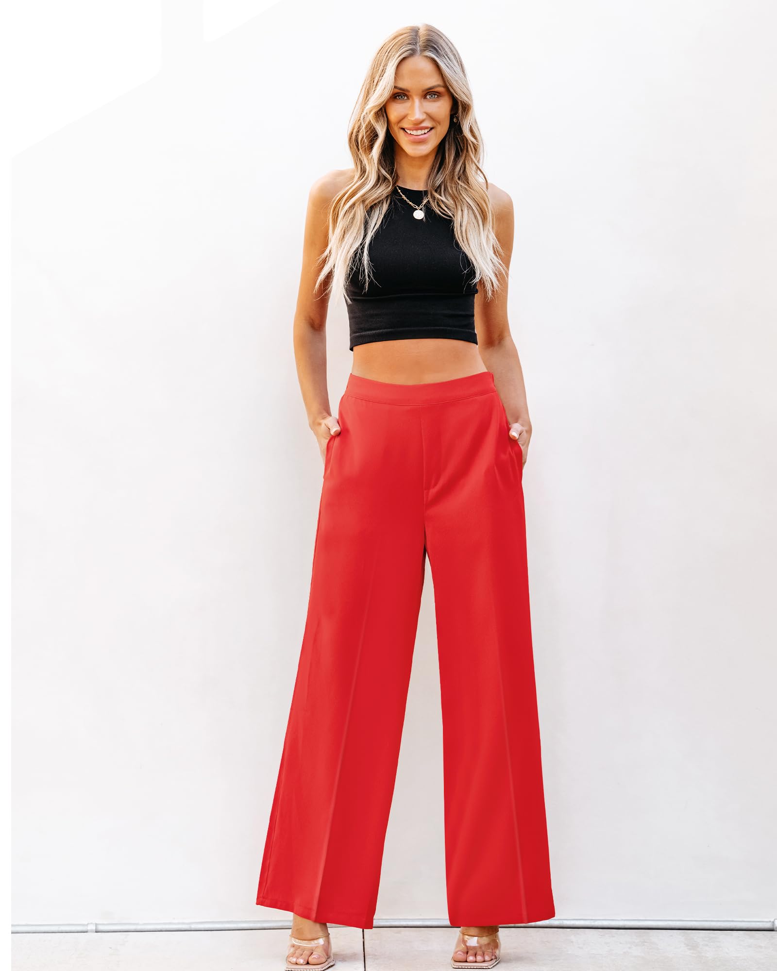 GRAPENT Women's High Waisted Wide Leg Dress Pants - Elastic Waist Pull On Business Casual Trousers with Pockets for Office Work & Professional Outfits