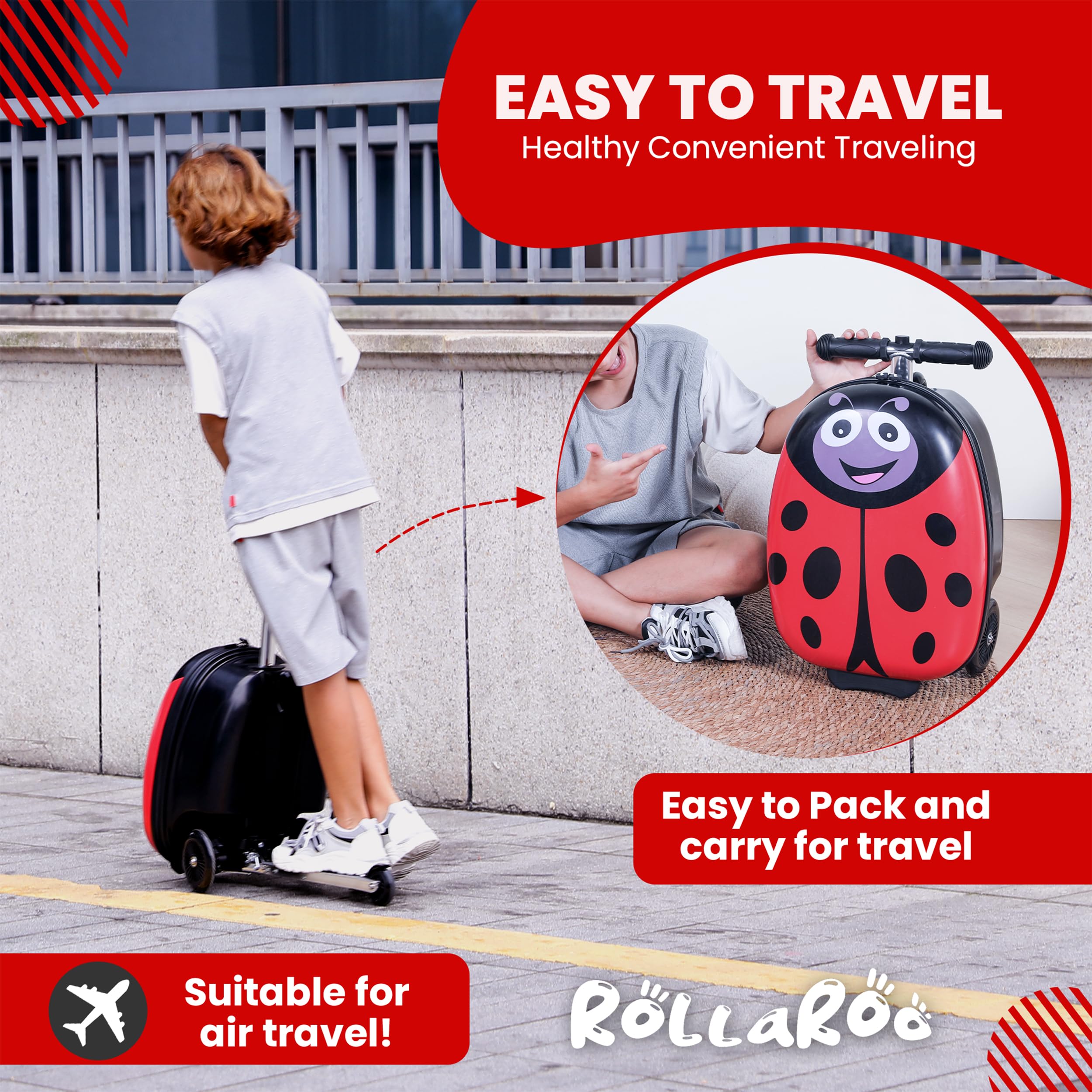 Ladybug Kids Scooter Suitcase - Foldable Ride-On Luggage with Wheels for Travel | Multifunctional Children's Carry-On with Strong Grip, Easy Locks & Smooth Zippers | 110LB Capacity | Perfect for Airports, Family Trips & School Commutes