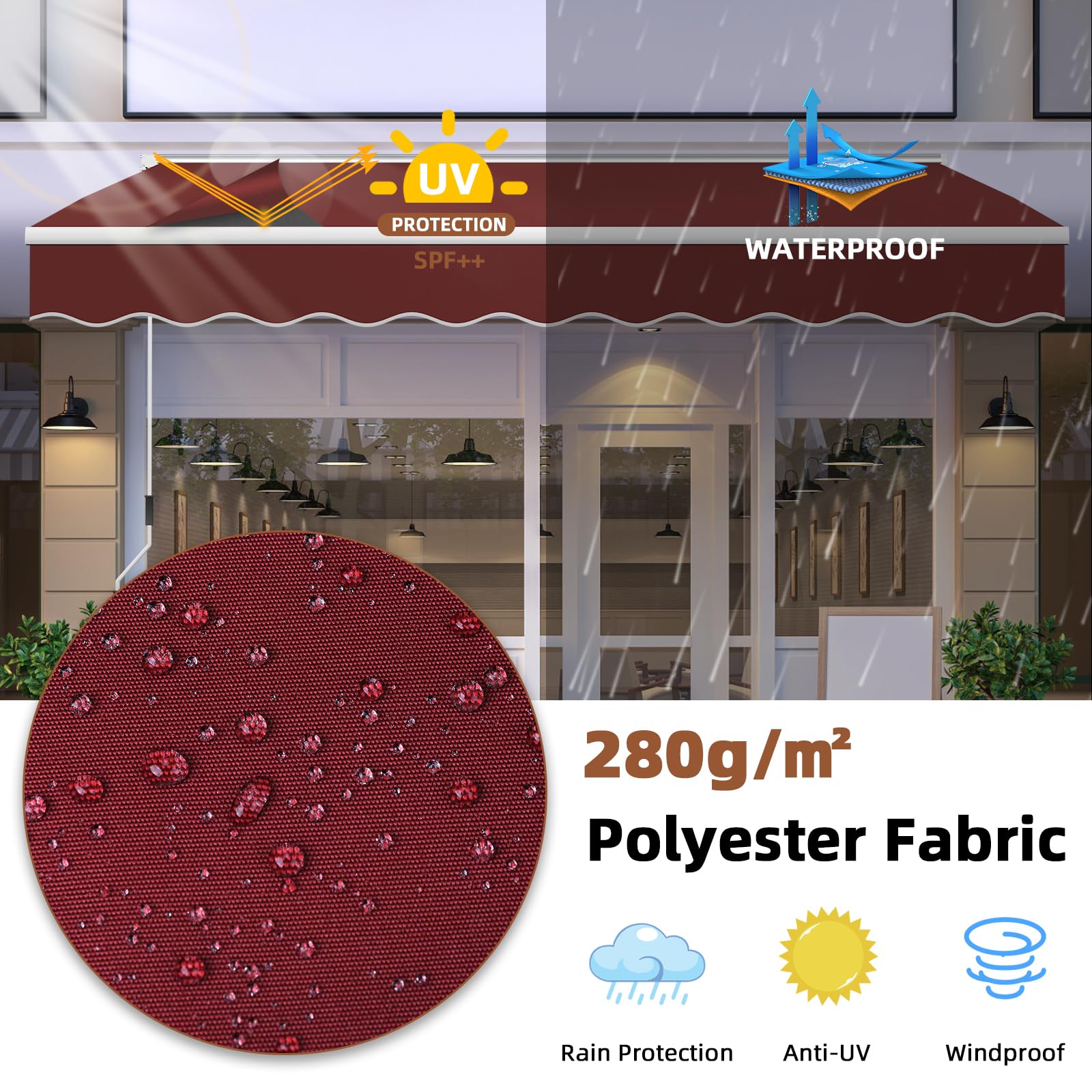 MEETWARM 8.2'x6.5' Retractable Patio Awning - Manual Crank Sun Shade Canopy with Waterproof 280g/m² Polyester Fabric for Outdoor, Balcony, Yard (Burgundy) - Perfect for Backyard BBQs, Poolside Lounging & Garden Relaxation