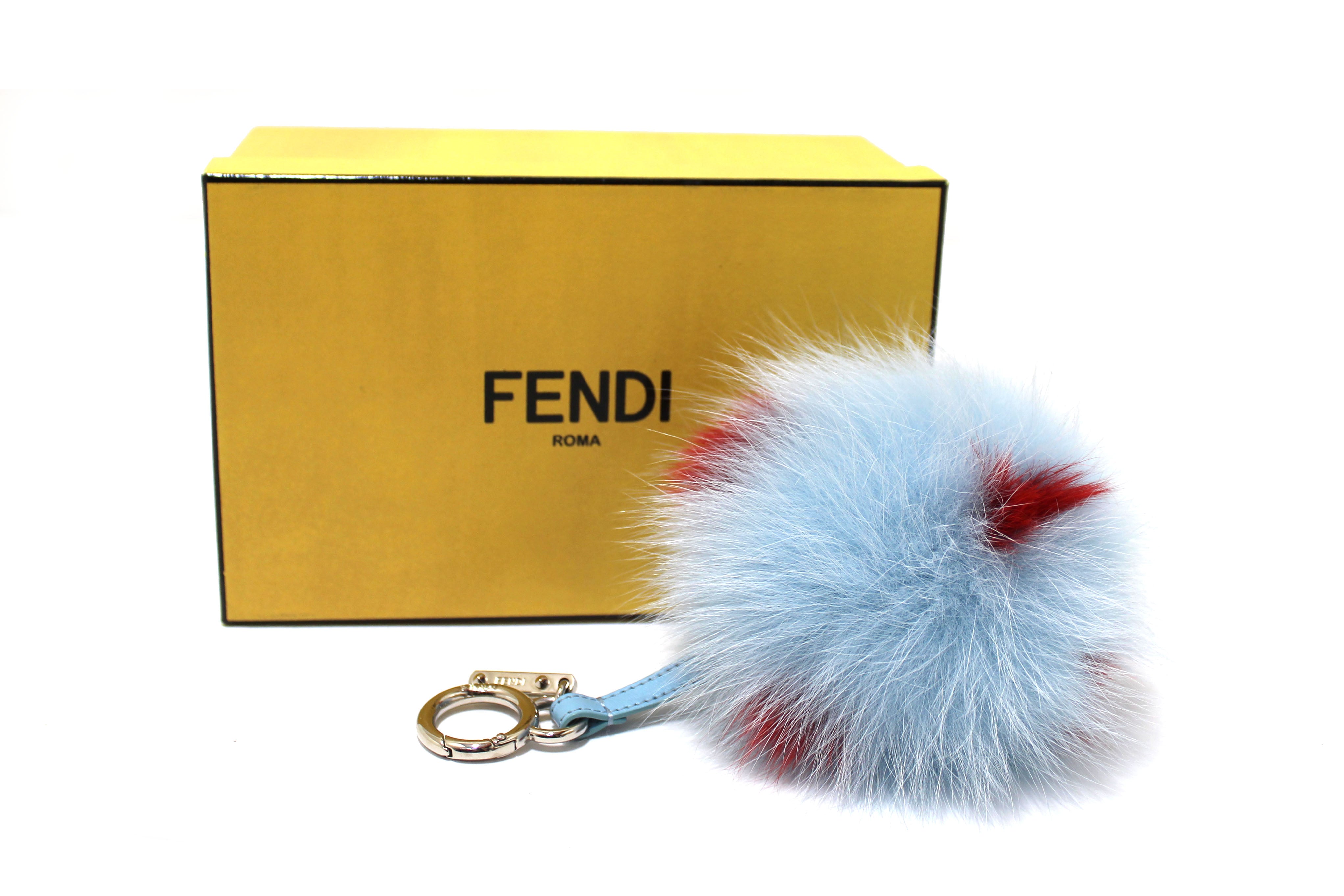 Authentic Fendi Blue & Red Fox Fur Pom Pom Bag Charm - Stylish Luxury Accessory for Handbags, Backpacks & Keychains | Perfect Gift for Fashion Lovers