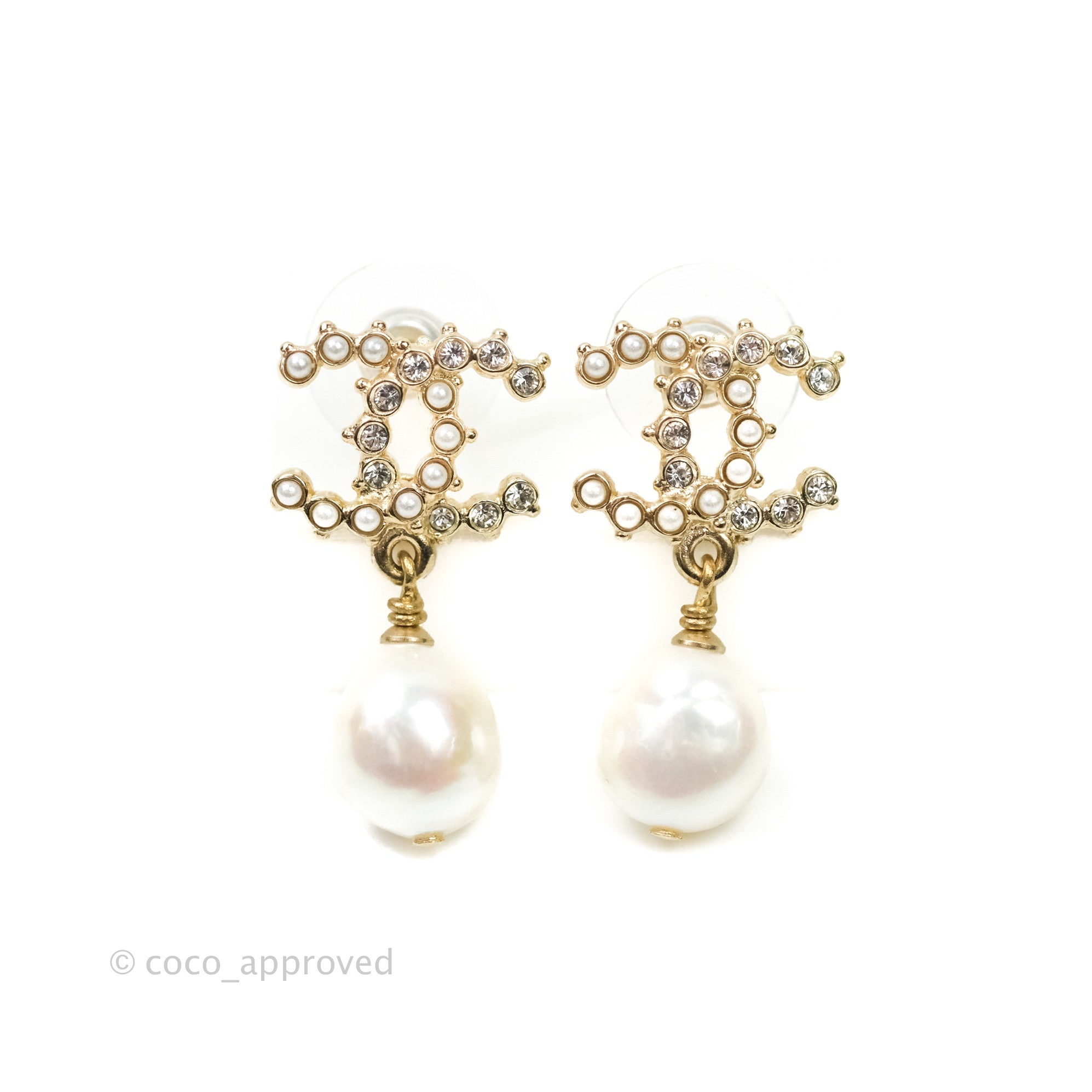 Chanel CC Pearl Drop Earrings with Crystal Accents in Gold Tone - Elegant Jewelry for Women | Perfect for Parties, Weddings & Special Occasions