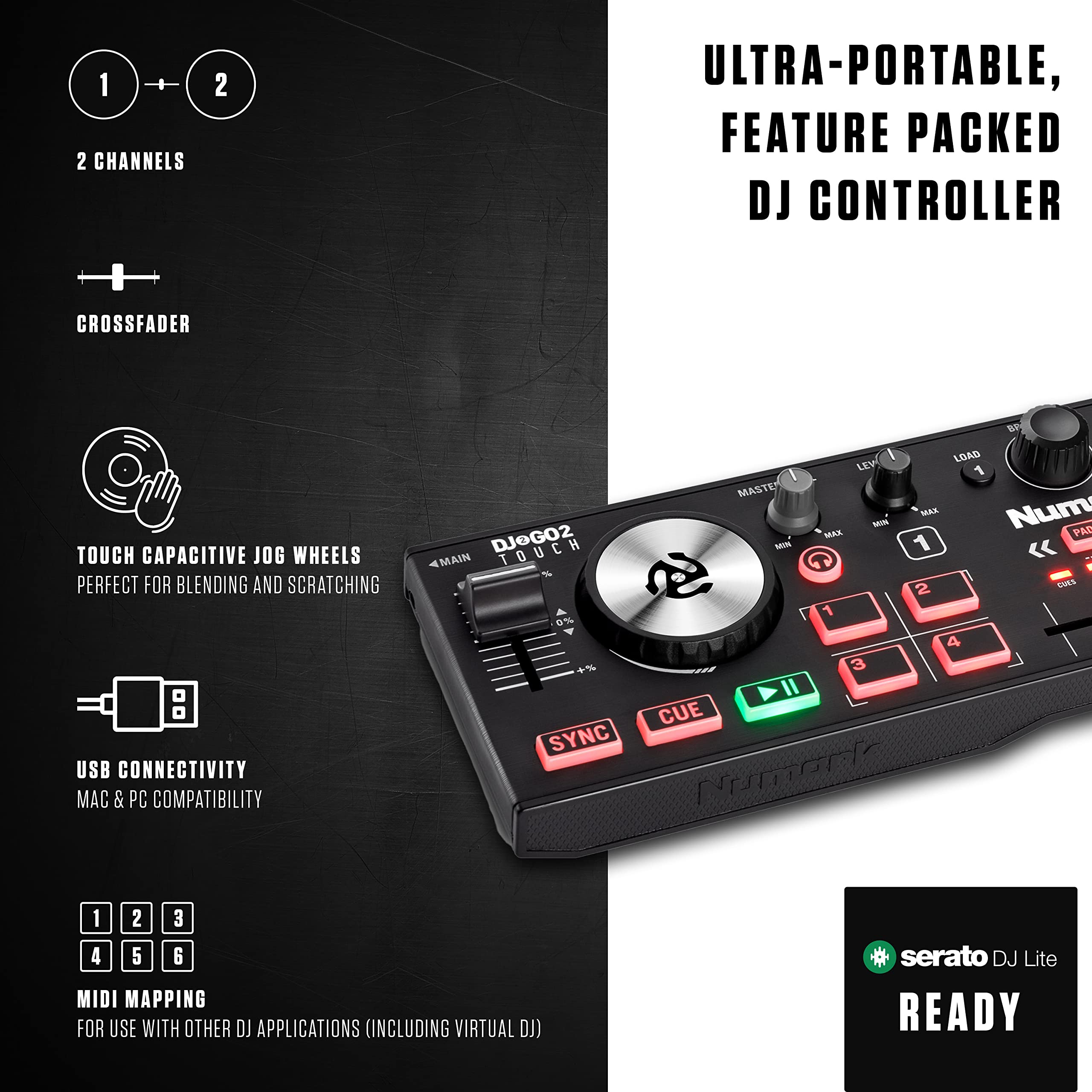 Numark DJ2GO2 Touch USB DJ Controller Bundle with 2 Decks, Audio Interface & HF175 Headphones | Professional DJ Equipment for Home & Club Use | Perfect for Beginners & Mobile DJs