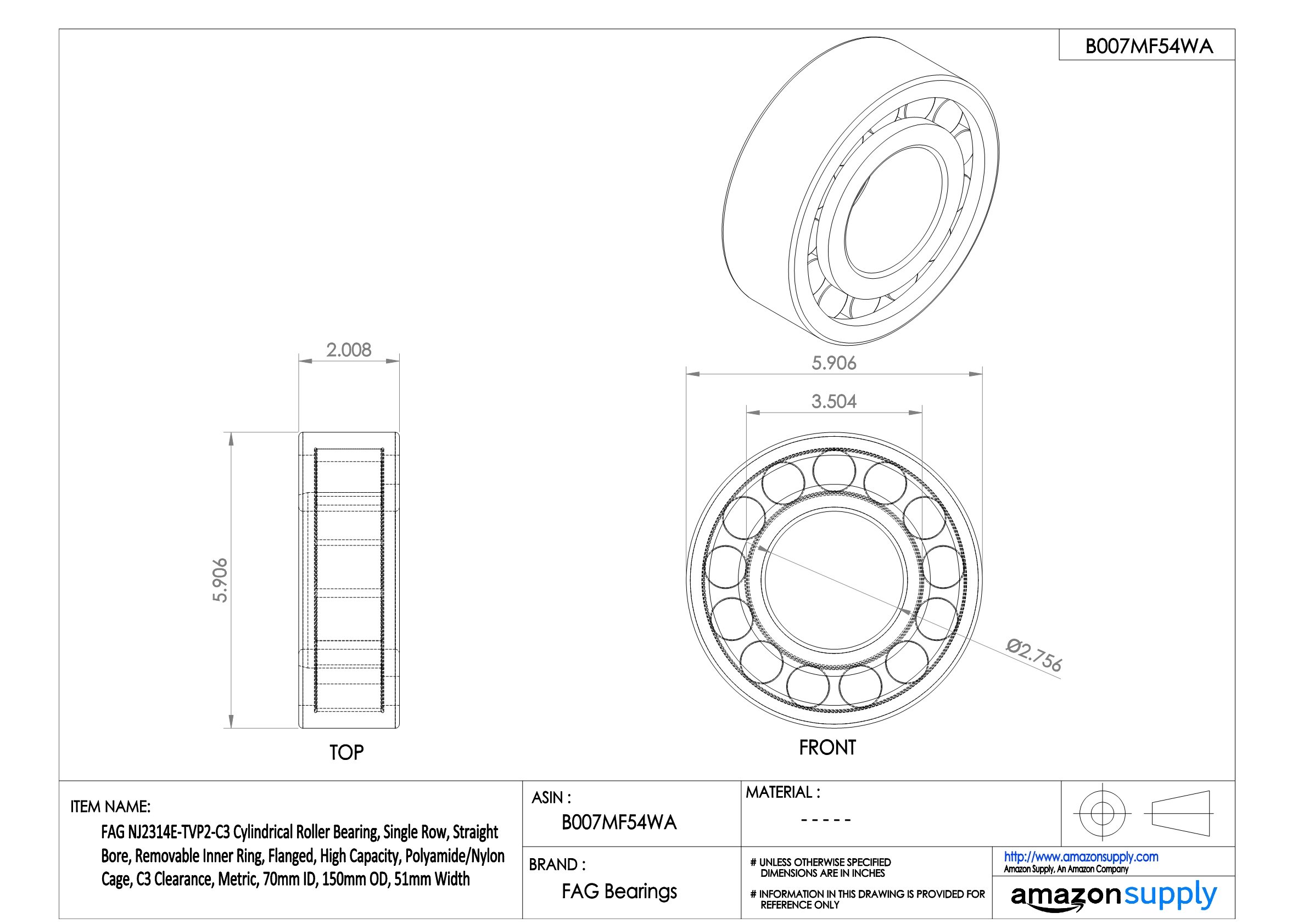 NJ2314E-TVP2-C3 Single Row Cylindrical Roller Bearing - Straight Bore, Removable Inner Ring, Flanged Design, High Load Capacity, Nylon Cage, C3 Clearance (70mm ID x 150mm OD x 51mm Width) - Ideal for Industrial Machinery, Heavy Equipment & Power Transmission Systems