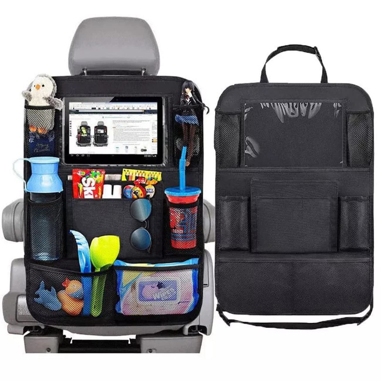 Quesardens Car Backseat Organizer with Tablet Holder - Travel Storage Organizer for iPad, Toys, Snacks & Books - Perfect for Road Trips & Family Vacations (1 Pack)