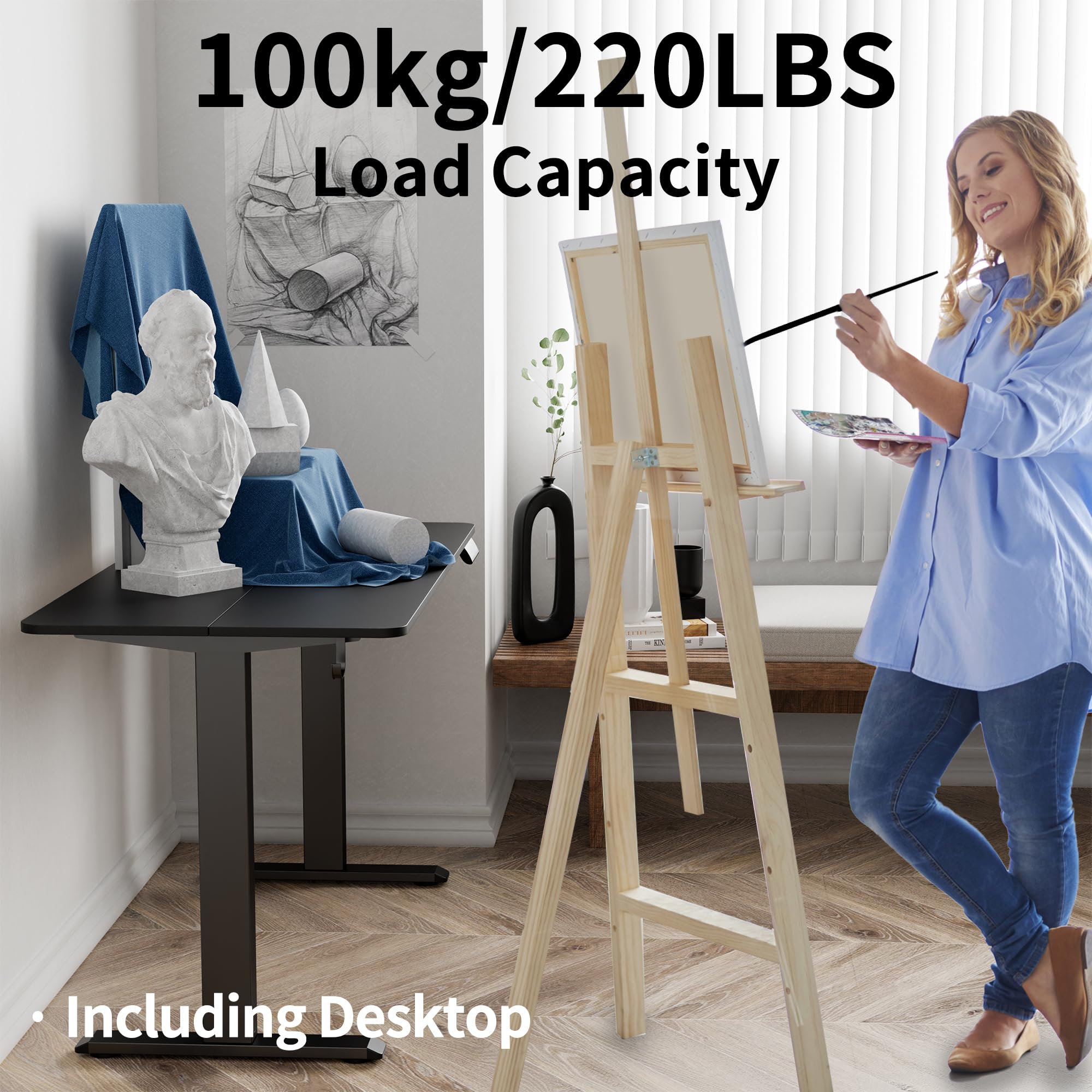 TIQLAB 47 x 24 Inch Electric Standing Desk - Height Adjustable Office Desk with Splice Board & Casters, Black Frame & Black Top - Perfect for Home Office, Gaming & Remote Work Setup