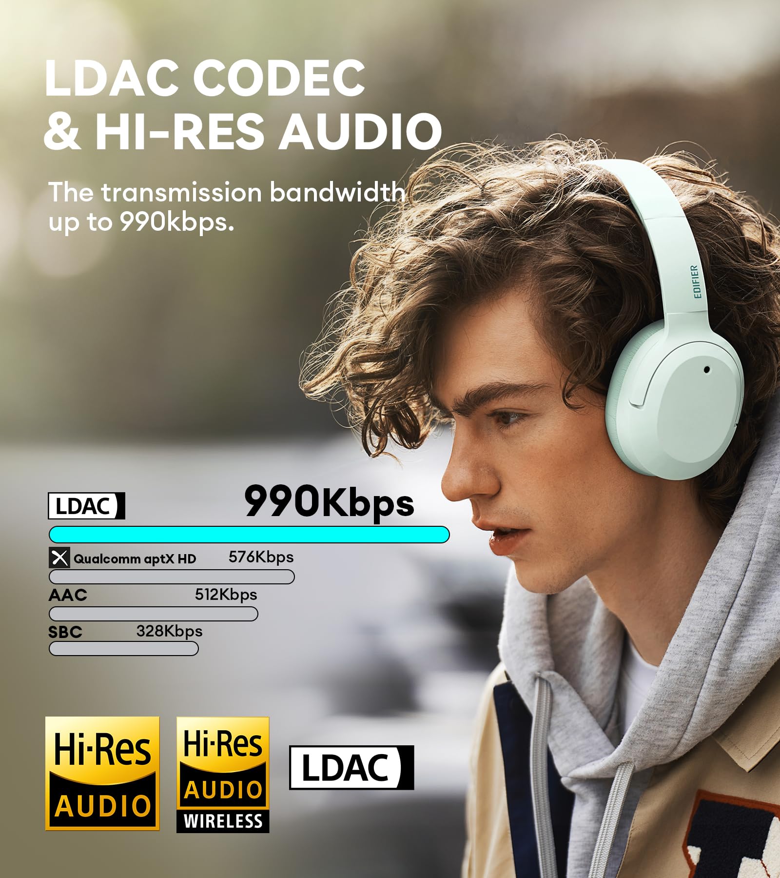 Edifier W820NB Plus Hybrid Active Noise Cancelling Headphones with LDAC Codec - Hi-Res Audio Wireless & Wired Over-Ear Headphones - Bluetooth 5.2, 49H Playtime, Fast Charge - Green - Perfect for Travel, Work & Music Lovers