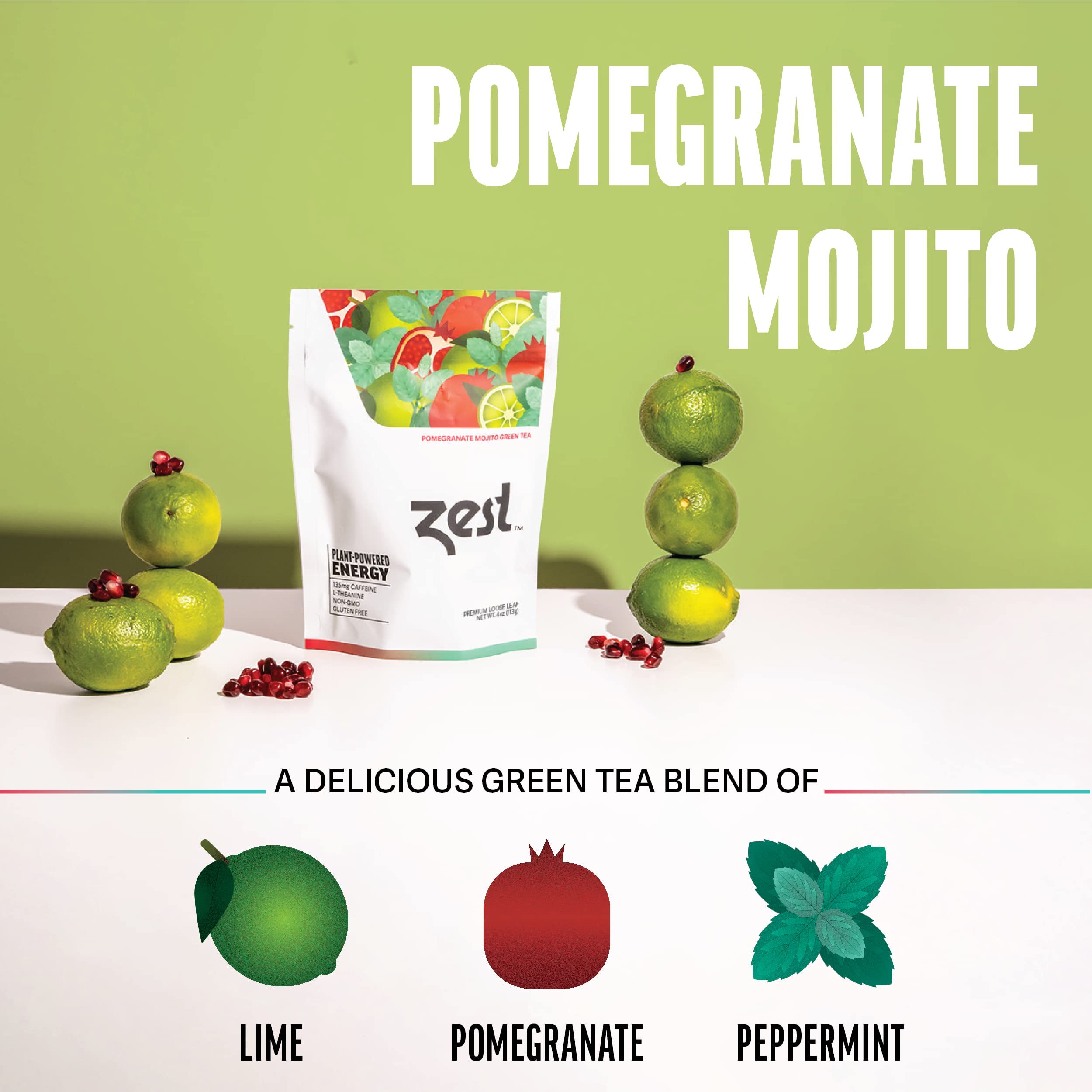 Zest 135mg High Caffeine Energy Loose Leaf Green Tea - Pomegranate Mojito Flavor, 4 Oz | All Natural, Strong Flavored Healthy Coffee Alternative | Highly Caffeinated, Keto-Friendly | Perfect for Morning Boost, Workout Energy & Study Focus