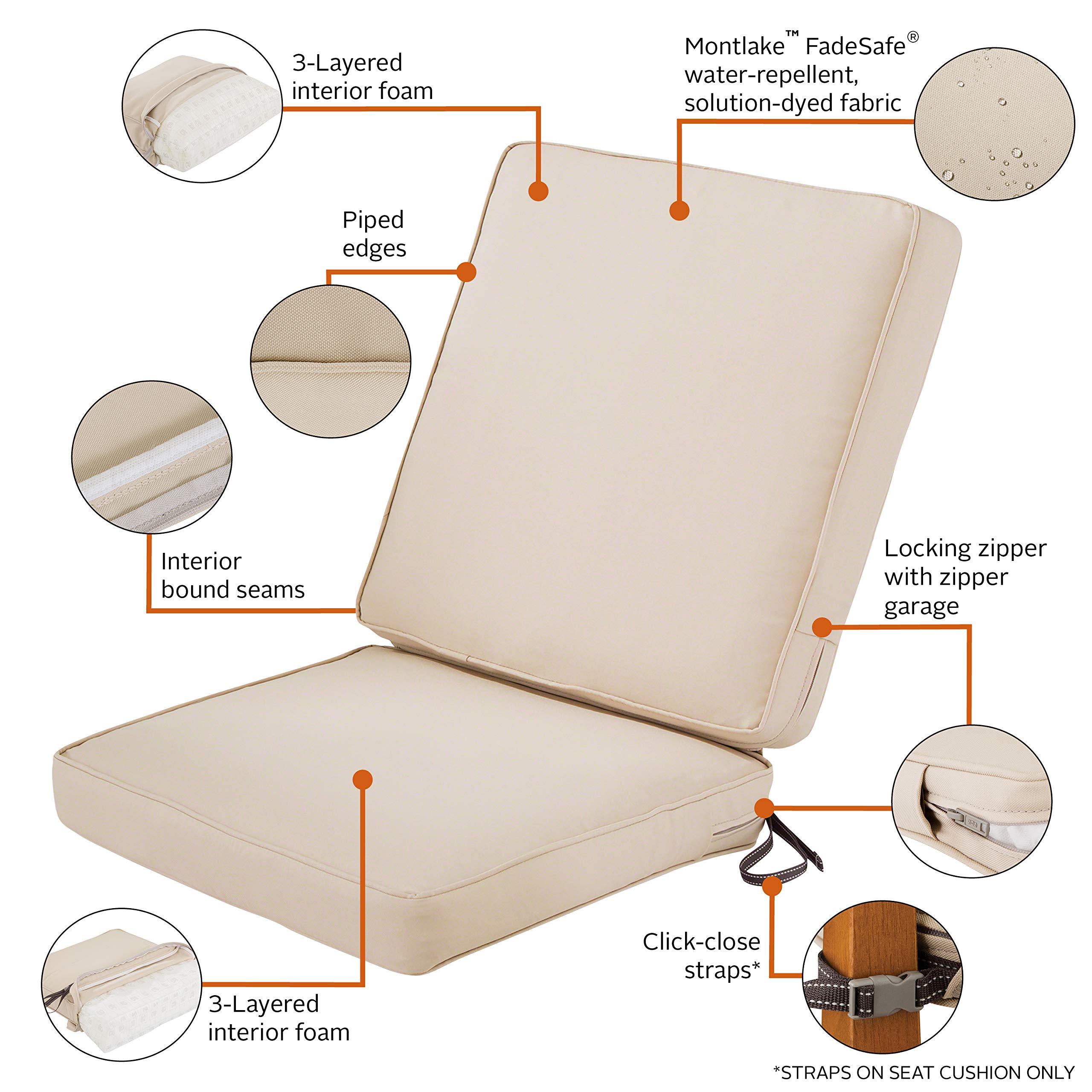 Montlake FadeSafe Water-Resistant 44 x 20 x 3 Inch Outdoor Patio Chair Cushion Set in Antique Beige - Durable Weatherproof Cushions for Garden, Deck, Poolside & Outdoor Furniture