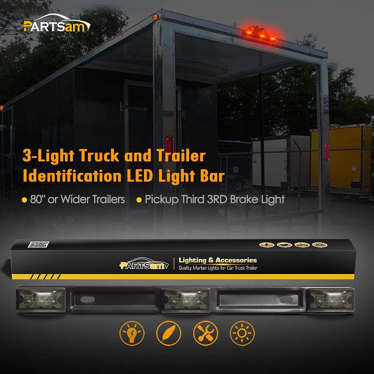 Partsam LED Trailer Lights Kit - 5PCS Amber 3.8” 6 LED Side Marker Lights + 1PC 14.17