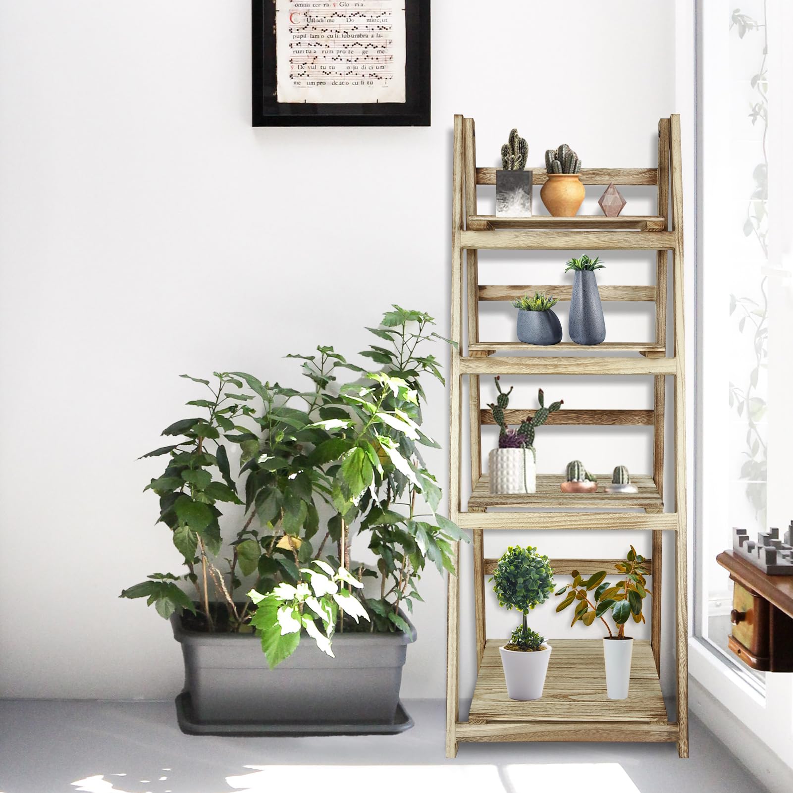 ECOMEX 4-Tier Wooden Ladder Shelf - Rustic Style Folding Bookshelf & Plant Stand for Indoor Decor, Living Room, Bedroom, or Office | Perfect for Displaying Books, Plants, and Decorative Items