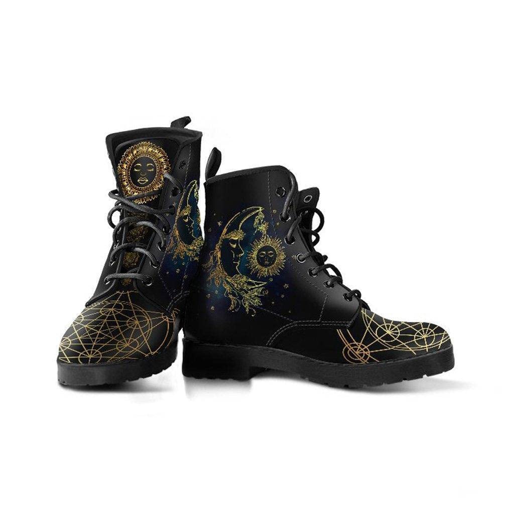 Sacred Geometry Sun & Moon Memory Foam Boots for Women - Vegan Leather Combat Boots US Size 8 (EU 39) | All Season Lace Up Ankle Boots with Cushioned Support | Perfect for Casual Wear, Street Fashion & Outdoor Activities