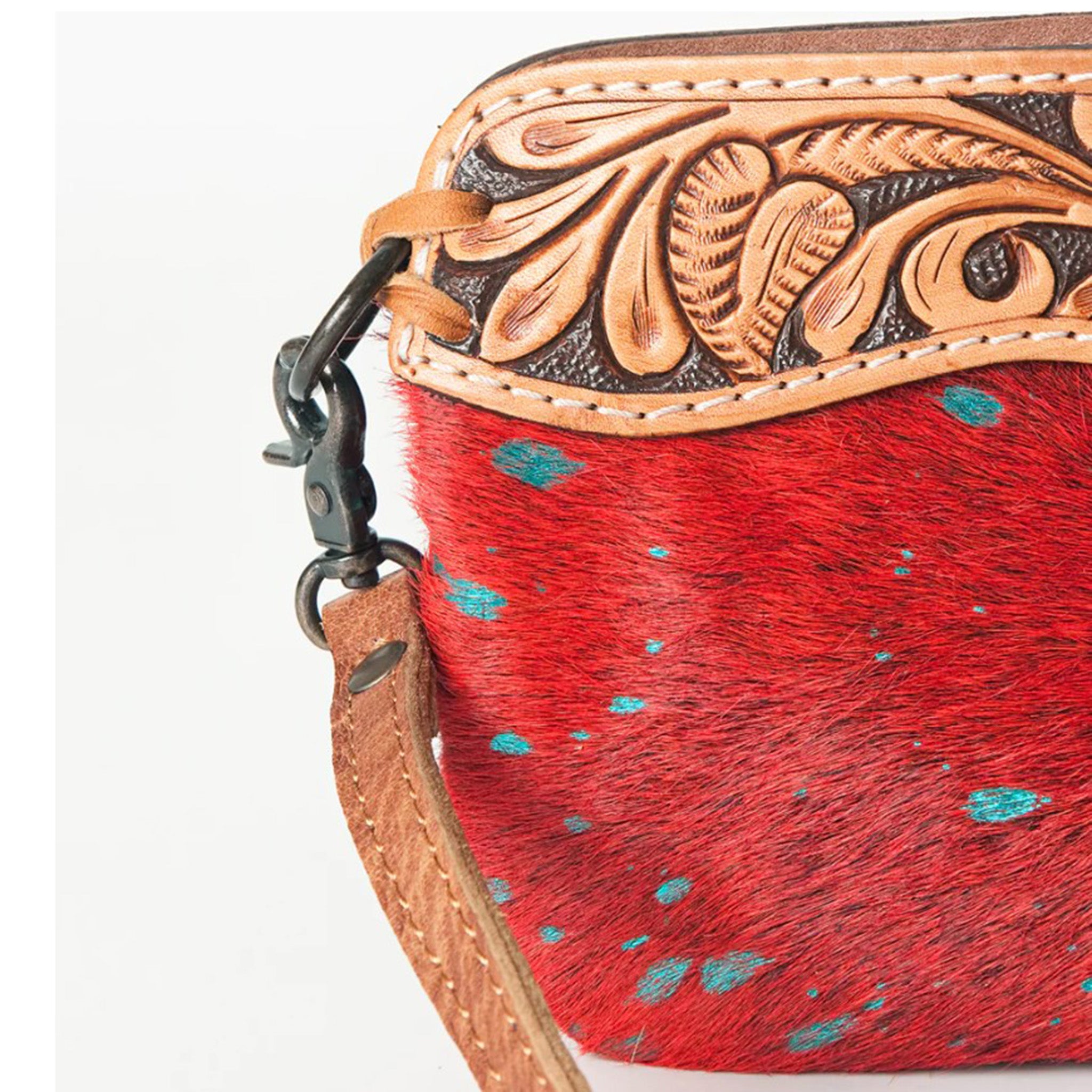 American Darling Red & Turquoise Cowhide Clutch - Stylish Leather Handbag for Women, Perfect for Parties, Weddings & Evening Events