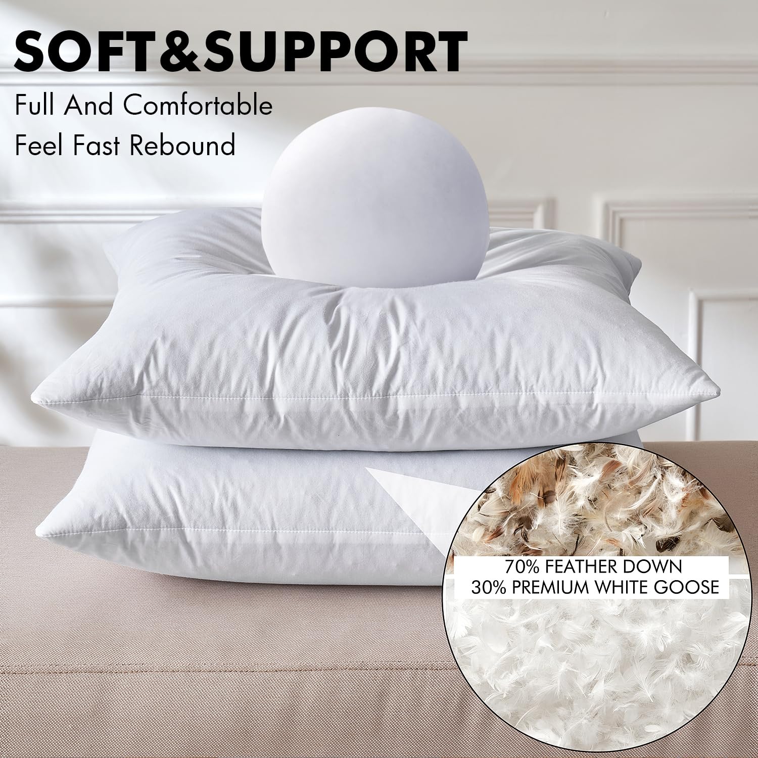 Premium 22x22 Inch Goose & Feather Down Throw Pillow Inserts (Set of 2) - Ultra Soft Fluffy Cotton Pillow Covers for Sofa, Bed, Couch - Decorative Square Living Room Pillows in White - Perfect for Home Decor, Cozy Reading Nooks & Guest Bedrooms