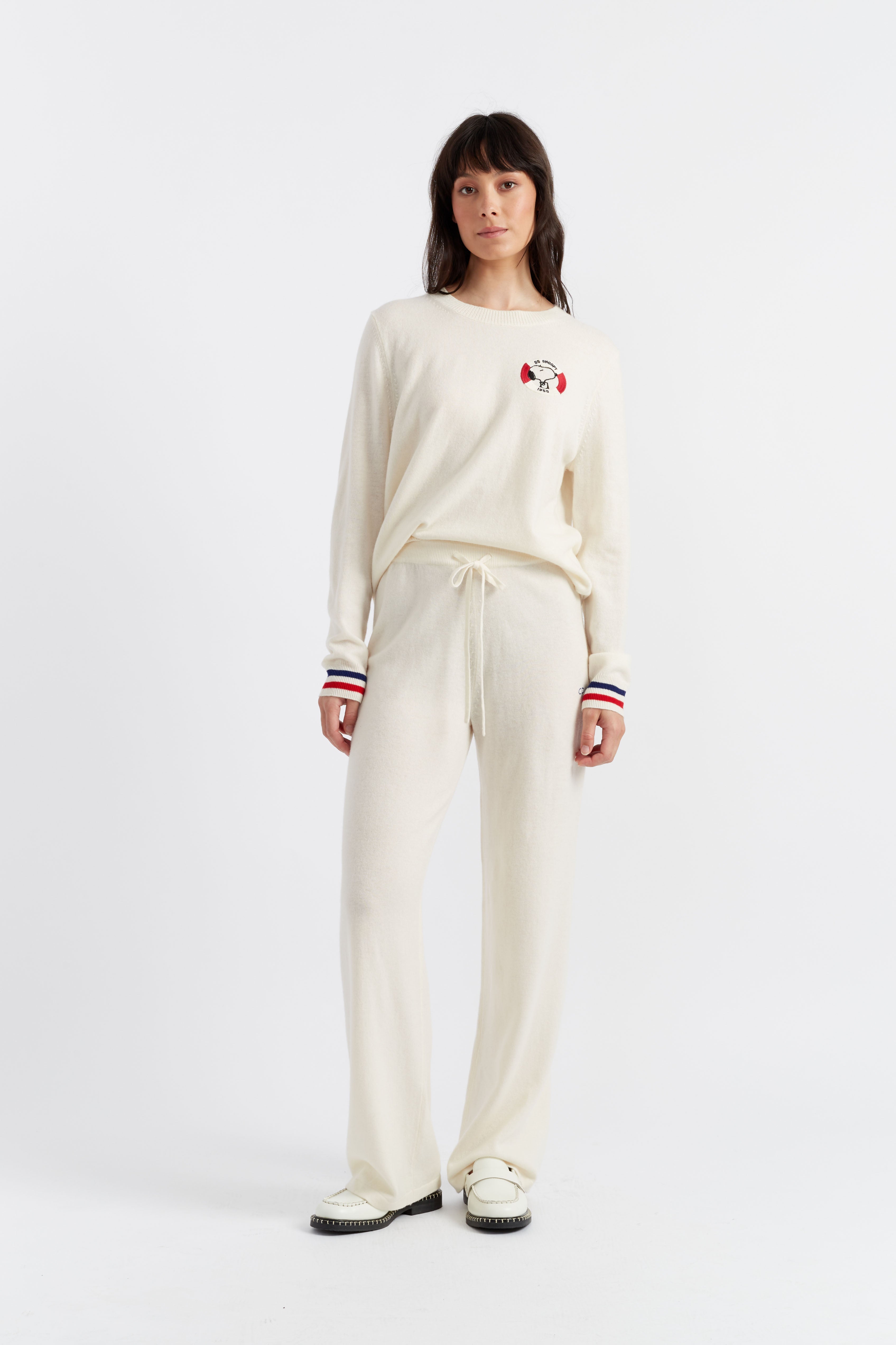 Premium Cream Wool Cashmere Snoopy Print Nautical Wide Leg Lounge Pants - Cozy Winter Loungewear for Women, Perfect for Home Relaxation & Casual Outings