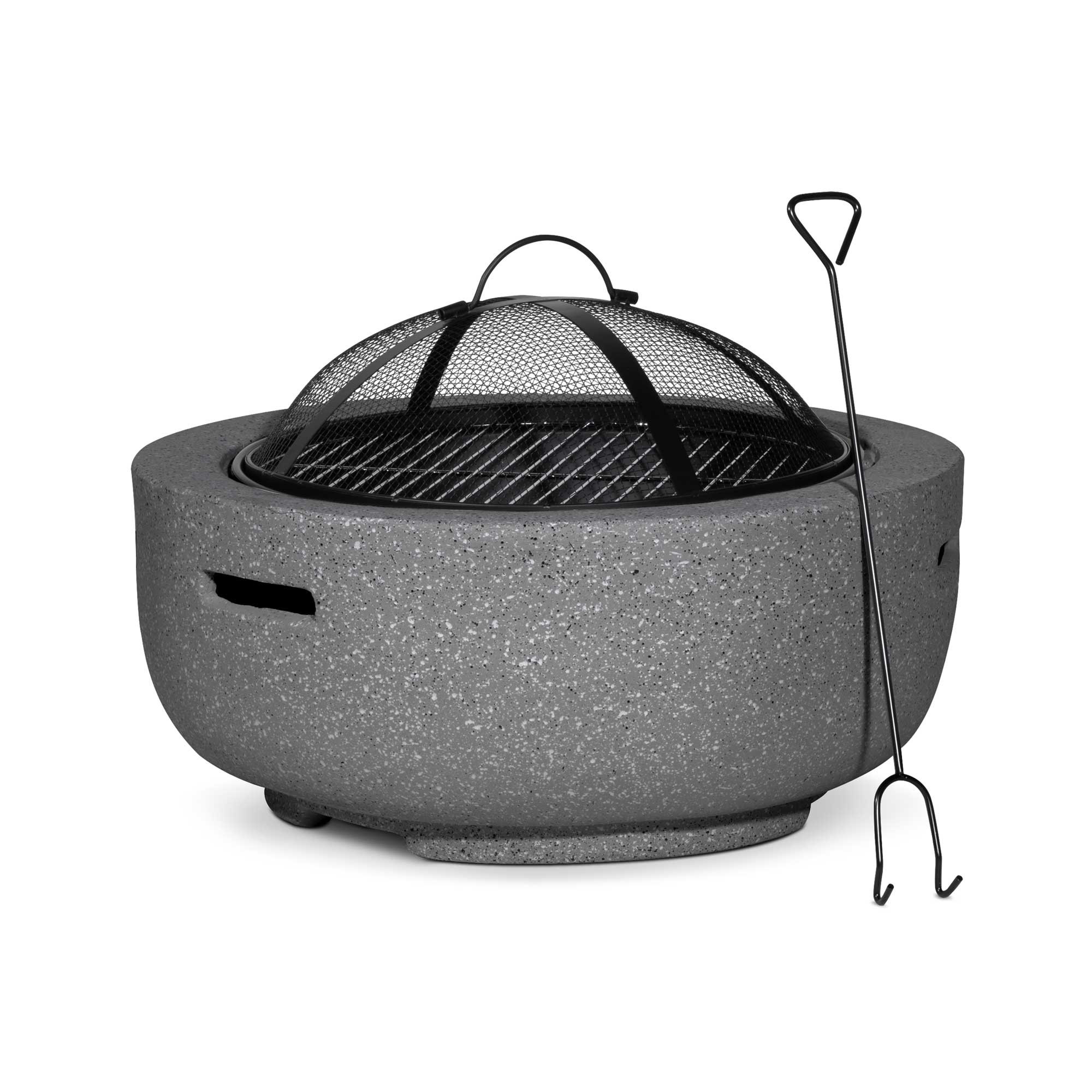 Round 60cm Magnesium Oxide Fire Pit with BBQ Grill & Safety Mesh Screen - Dark Grey DG189 for Outdoor Camping, Backyard Gatherings & Patio Relaxation