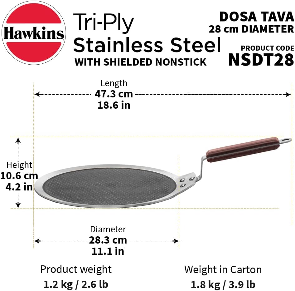 Hawkins 28cm Triply Stainless Steel Nonstick Dosa Tawa with Rosewood Handle - Honeycomb Induction Base for Perfect Dosas, Rotis & Pancakes | Premium Indian Cooking Utensil for Home & Restaurant Use