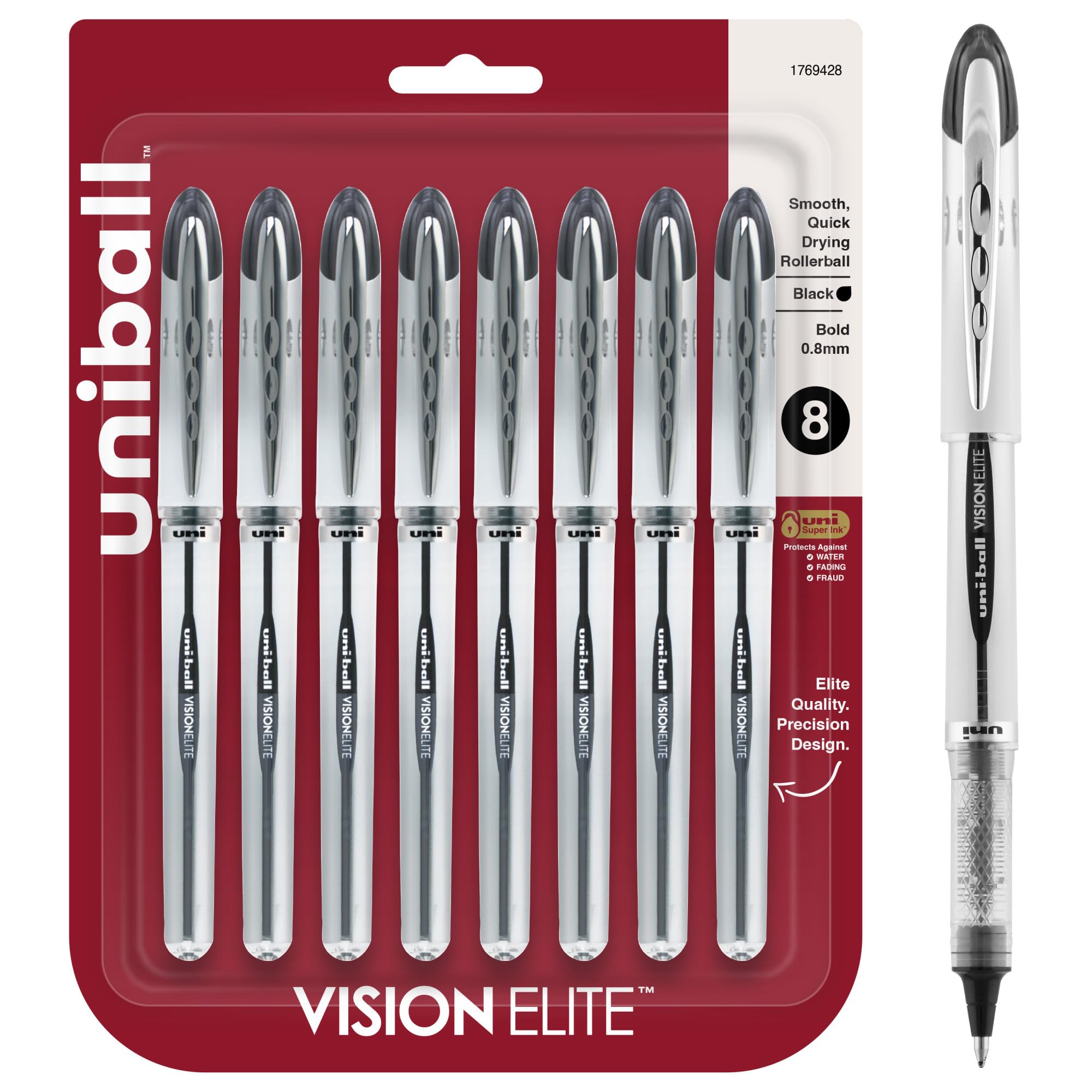 Uniball Vision Elite Rollerball Pens - 8 Pack Black Bold 0.8mm Fine Point Smooth Writing Pens for Office, School & Journaling - Premium Bulk Office Supplies