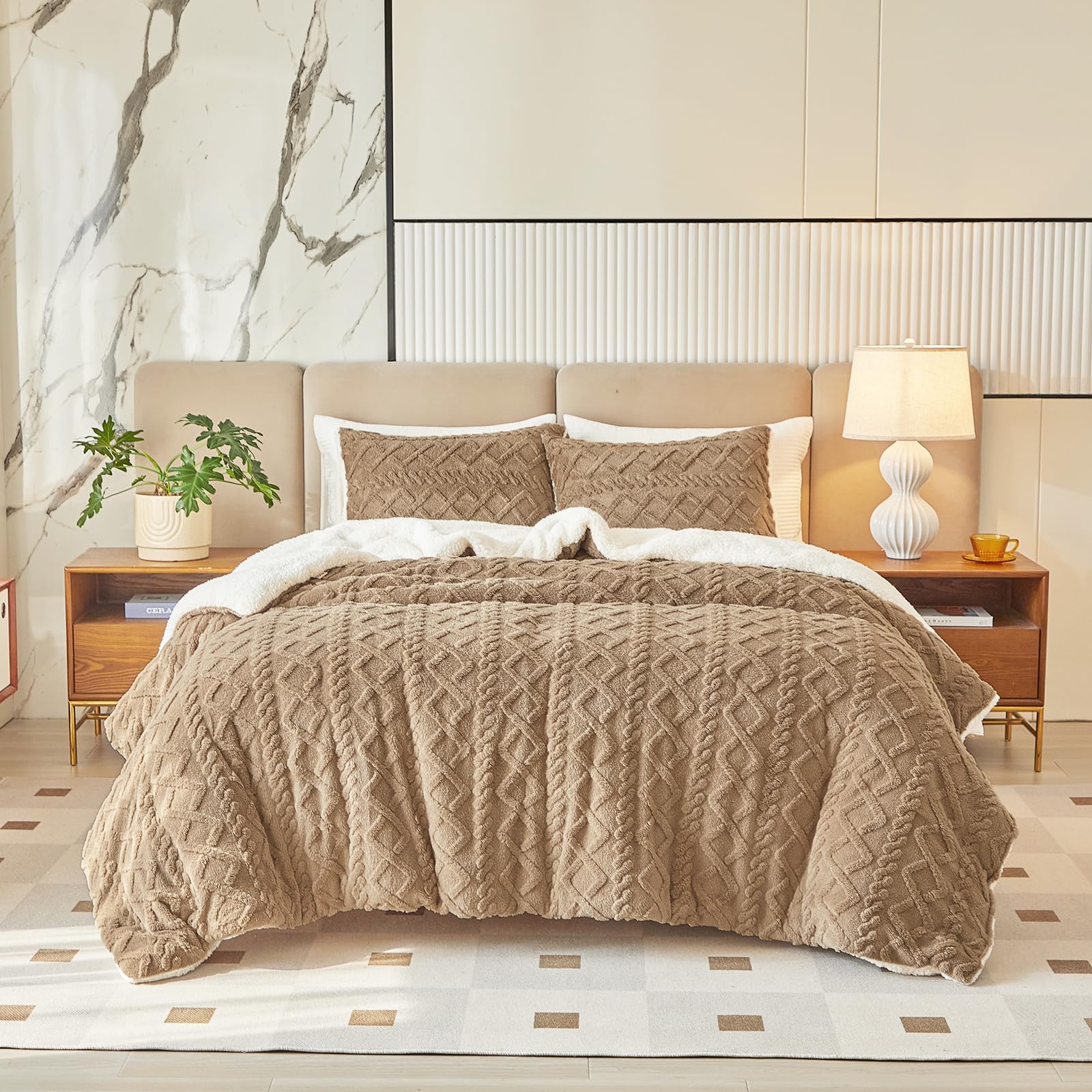 Joyreap 3-Piece Queen Size Fluffy Faux Fur Sherpa Comforter Set - 88x88 Inches, All Season Soft & Cozy Plush Bedding, Luxury Tufted Bed Comforter for Winter Warmth & Home Decor