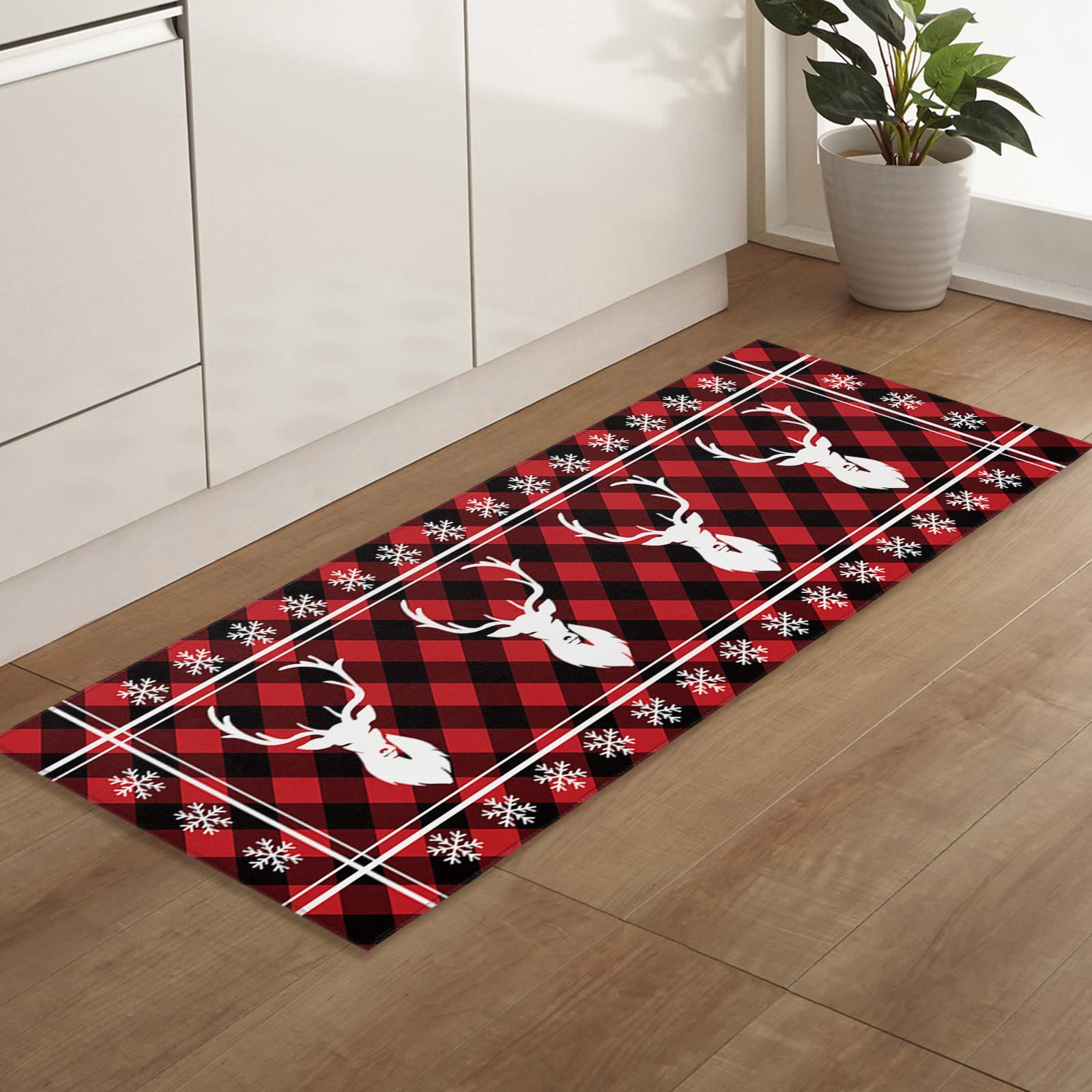Soft Plush Non-Slip Shaggy Bath Rug - Christmas Snowflake Reindeer Elk Design in Red Black Plaid - Absorbent Fluffy Floor Mat for Bathroom, Bedroom & Living Room - 20x63 Inch - Perfect for Holiday Decor & Cozy Home Comfort