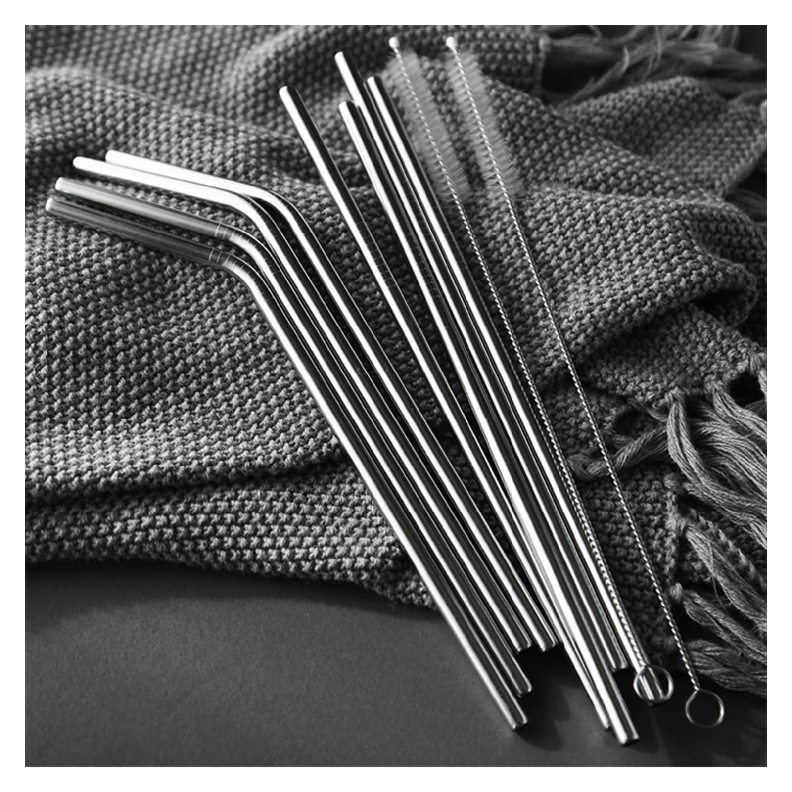 Eco-Friendly Reusable Stainless Steel Straws Set - 2 Pack Silver Metal Drinking Straws with Cleaner Brush (Straight & Bent) for Smoothies, Iced Coffee & Cocktails at Home or Travel