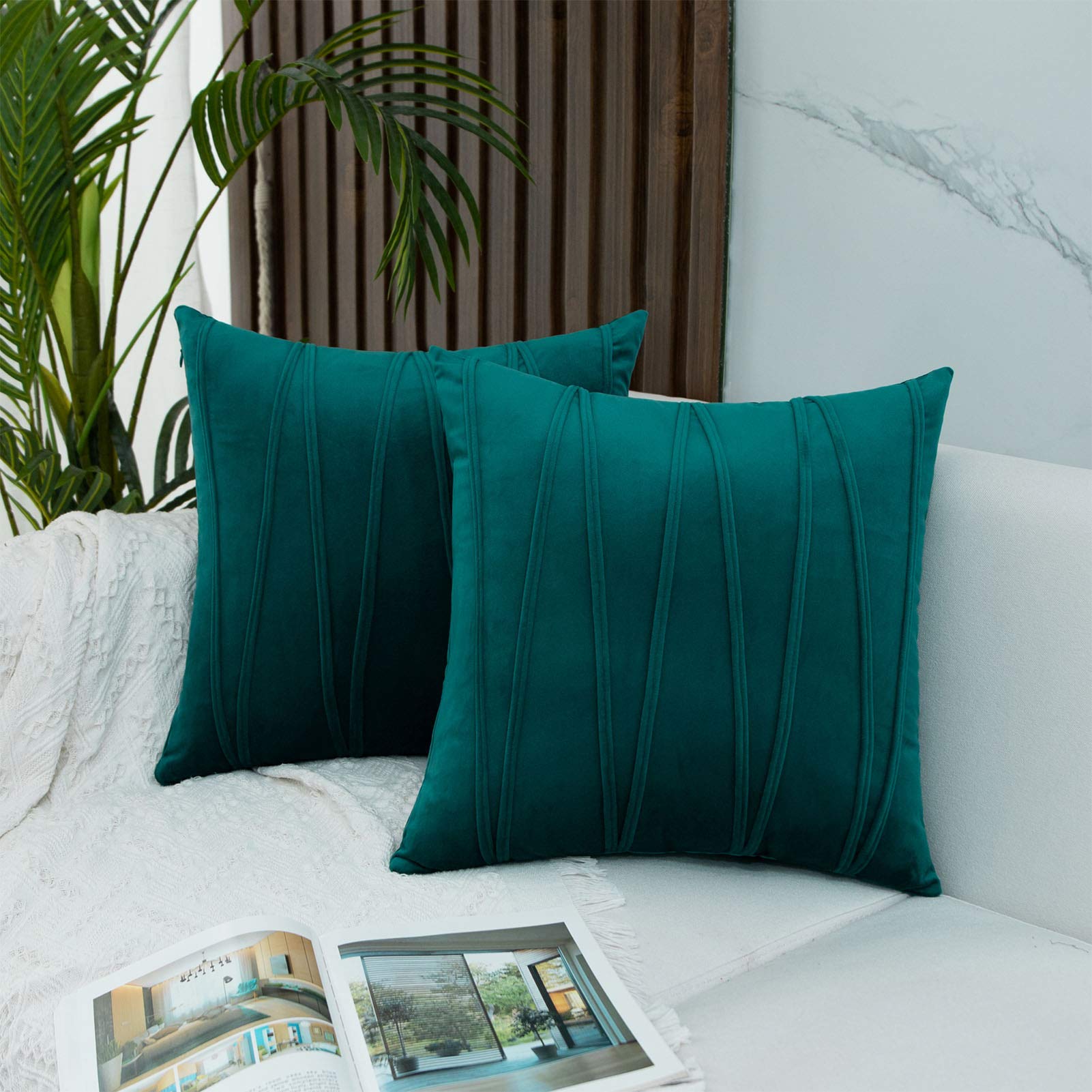 JUSPURBET Velvet Striped Decorative Throw Pillow Covers - Set of 2 (16x16 Inches) - Peacock Blue for Sofa, Couch & Bed - Perfect for Living Room, Bedroom & Home Decor