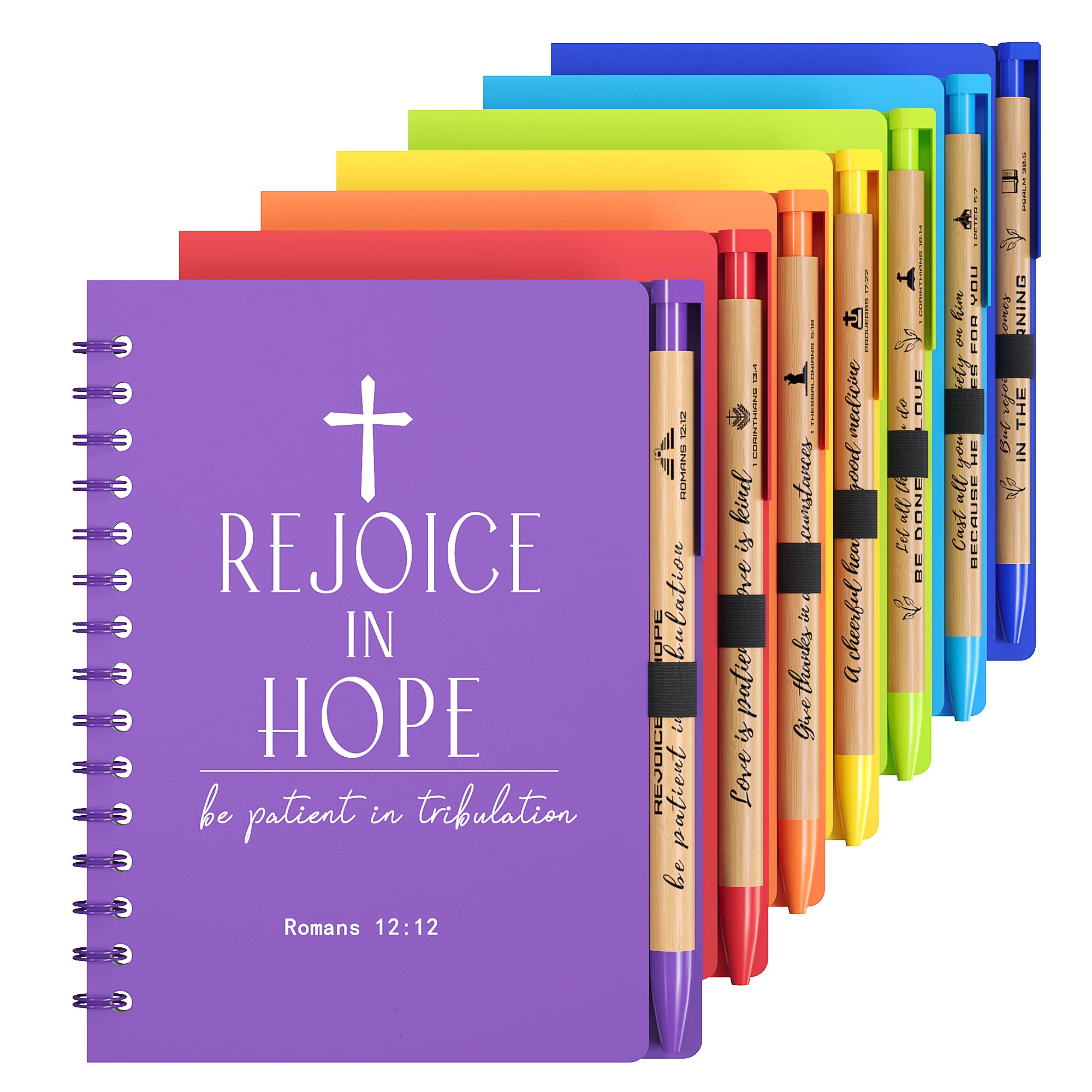 INSADA 7-Pack Multicolor Christian Prayer Journals - 5.43” x 4.33” Spiral Notebooks with Matching Pens - Bulk Religious Notepads for Women, Kids & Bible Study Groups - Perfect for Easter Gifts, Church Activities & Personal Devotion