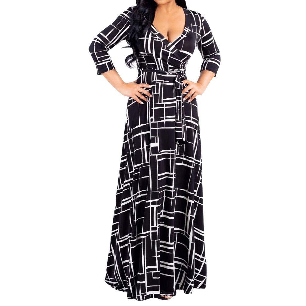 Women's Long Sun Dresses - Fashion Casual Floral Print V-Neck Bandage Maxi Dress for Beach, Vacation & Summer Outfits
