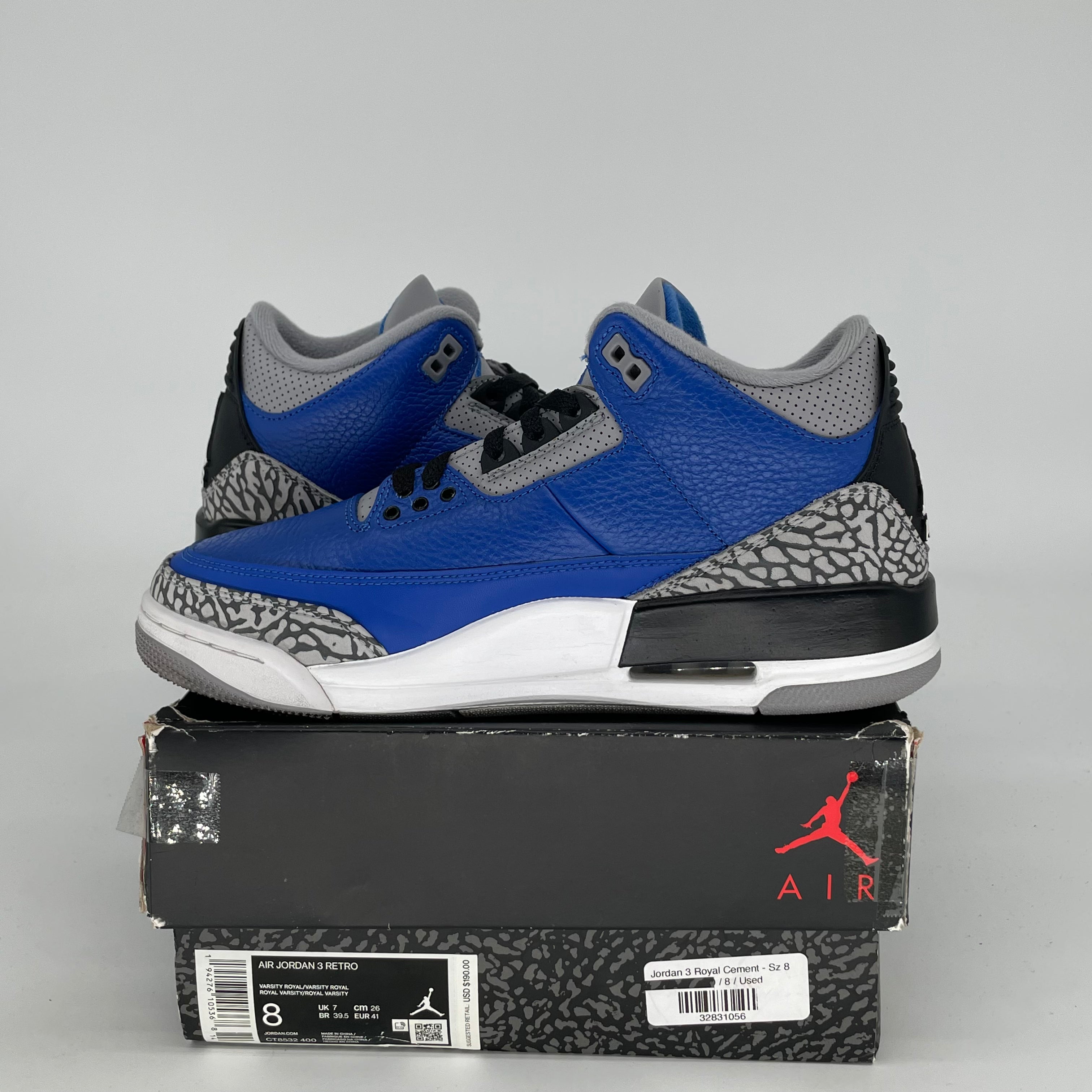 Original Title: AIR JORDAN 3 VARSITY ROYAL CEMENT SIZE 8/9.5W CT8532 400   Optimized Title: **Air Jordan 3 Retro 'Varsity Royal Cement' Men's/Women's Basketball Shoes - Size 8/9.5W (CT8532-400) - Perfect for Streetwear & Sneaker Collectors**