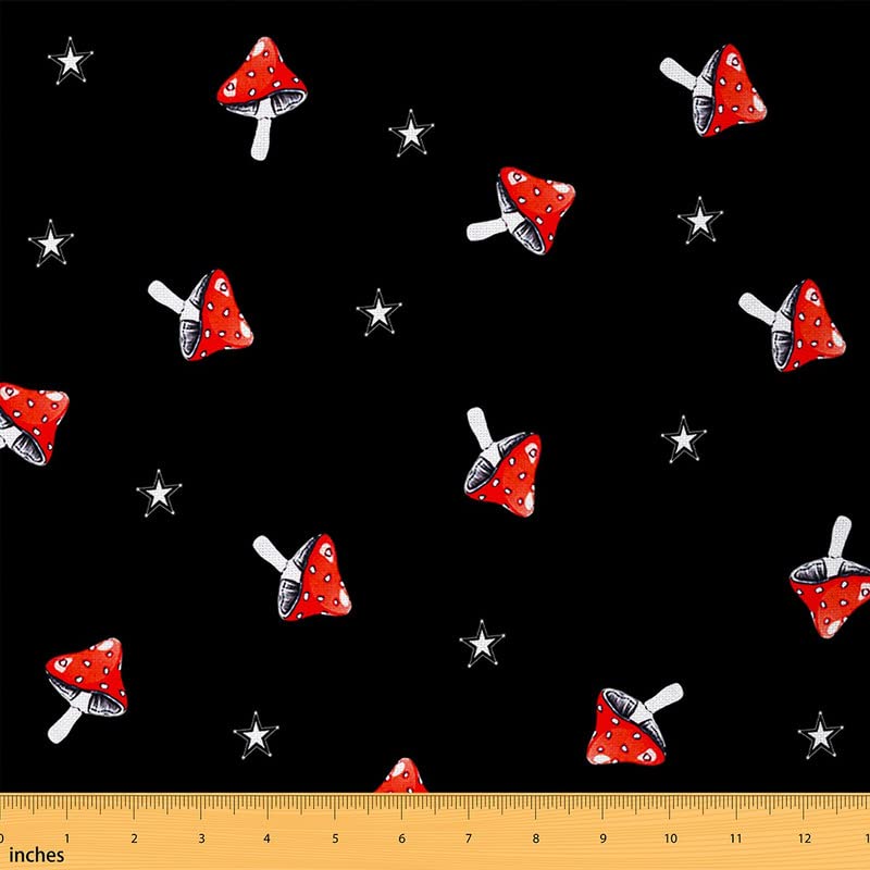 Kawaii Mushroom Upholstery Fabric by The Yard - Cute Mushroom & Star Print Waterproof Reupholstery Material for Chairs, Sofas & Home Decor (2 Yards, Red/Black) | Perfect for DIY Furniture, Nursery Decor & Outdoor Cushions