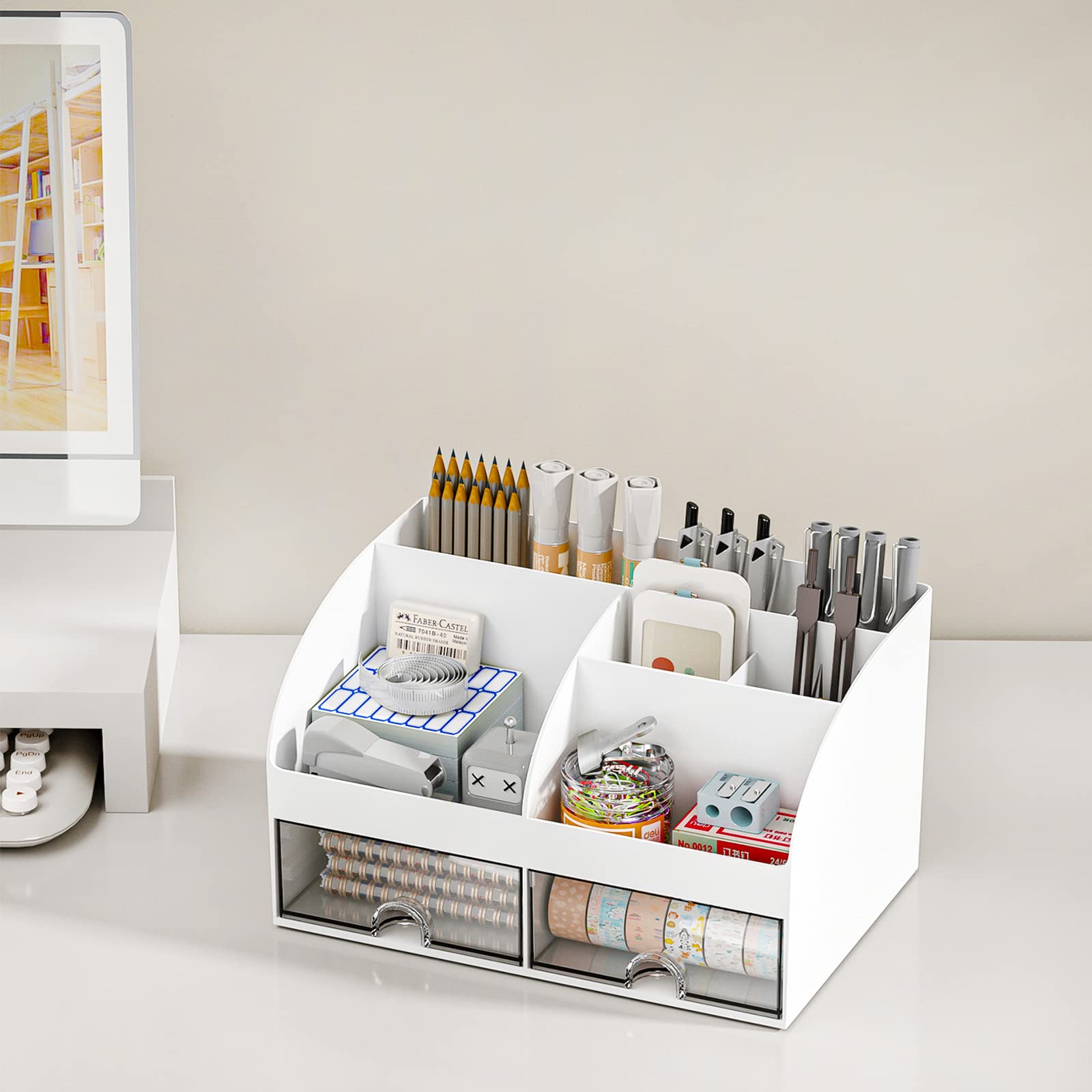 6 Compartment Plastic Desk Organizer with 2 Drawers - Makeup & Stationery Storage for Home, Office & School - White Desktop Organizer for Pens, Pencils, Office Supplies & Beauty Products