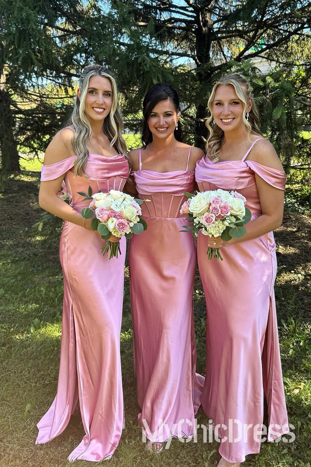 Boho Pink Off Shoulder Satin Bridesmaid Dress - Elegant Fitted Wedding Party Gown for Bridal Shower, Bachelorette Party & Formal Events