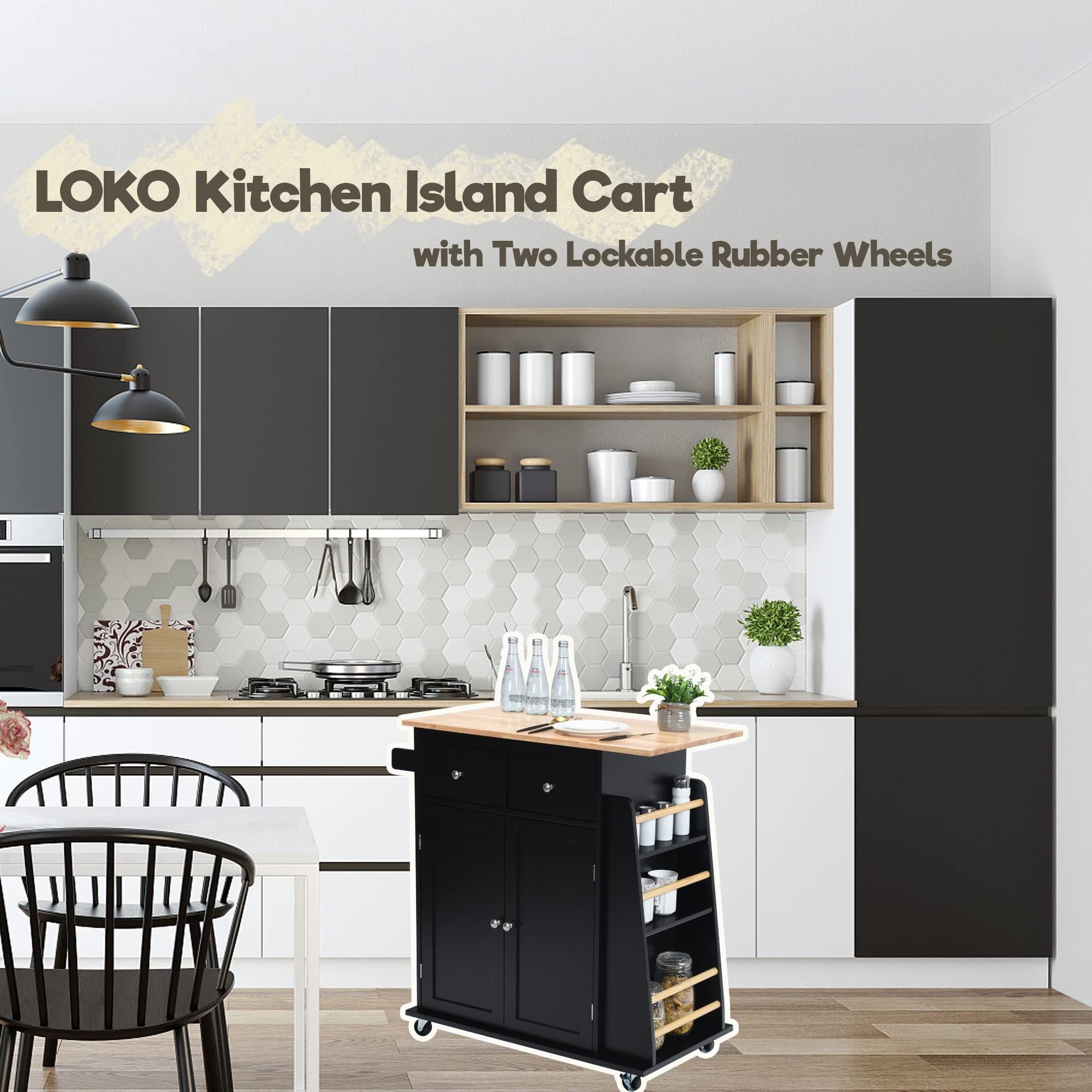 LOKO 3-Tier Rolling Kitchen Island Cart with Spice Rack & Towel Holder - Mobile Microwave Stand with Wheels & Rubber Wood Tabletop - 34.5