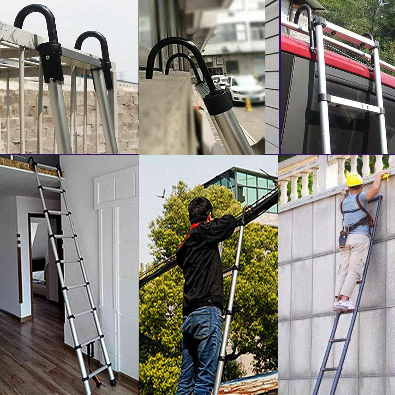 10FT Aluminum Telescoping Ladder - 330 LB Capacity EN131 Certified Extension Ladder with 2 Detachable Roof Hooks | Collapsible Design Extends to 126