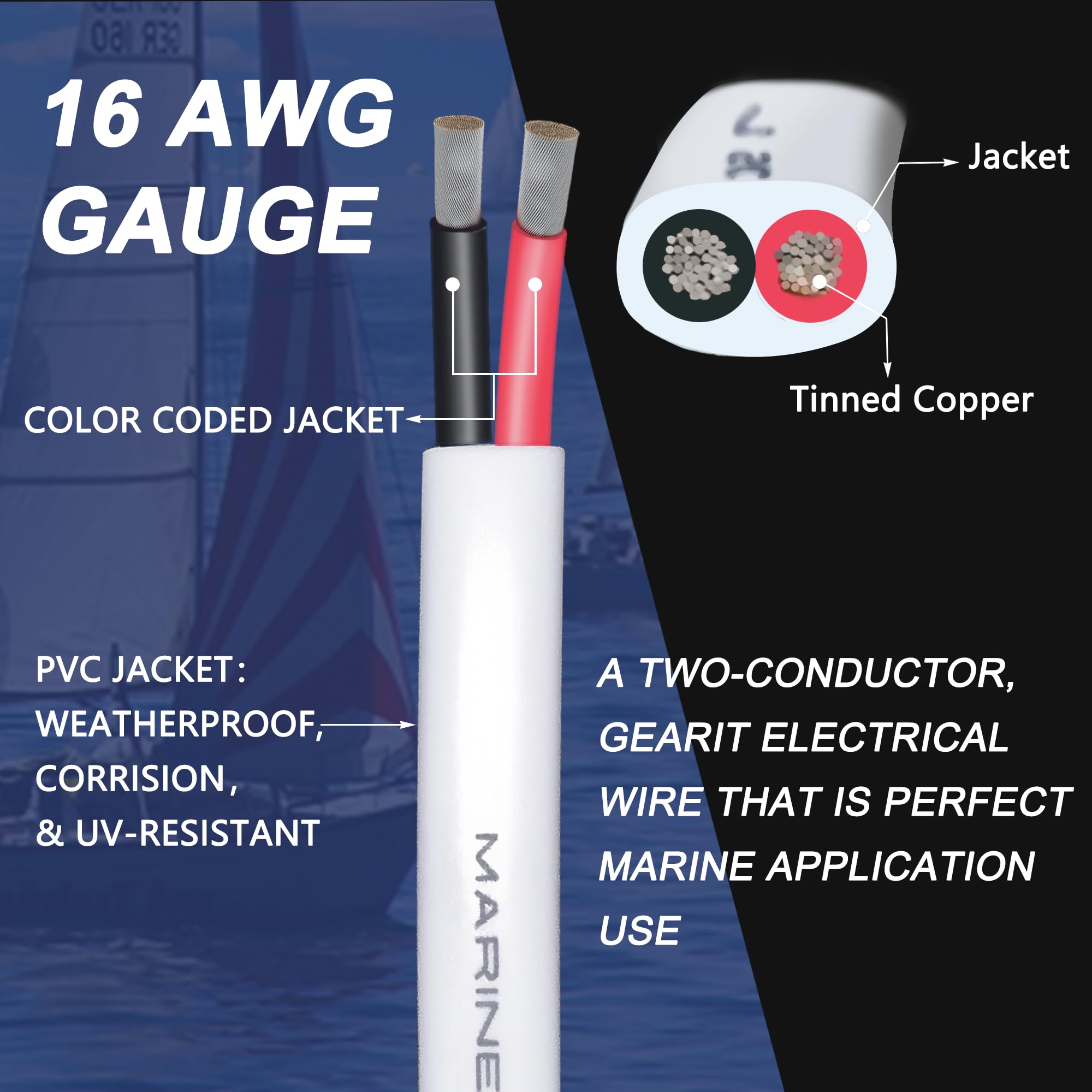 16 Gauge Duplex Marine Wire Tinned Copper Boat Cable, 30ft 16 AWG OFC Oxygen Free Copper Wire for Outdoors, Automotive, Boat, Speakers, Solar, RV, Camper, Trailer - Ideal for Marine, Audio, and Power Applications