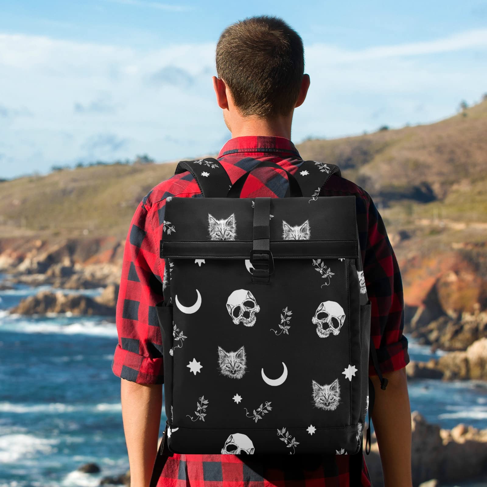 Expandable Waterproof Travel Backpack for Men - Trendy Roll Top Skull Cat Moon Design Laptop Backpack | Perfect for Commuting, Hiking & College Students