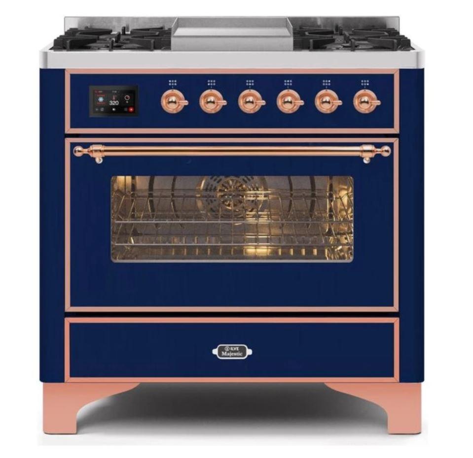 ILVE 36 Inch Majestic II Series Dual Fuel Natural Gas Range - 6 Burners with Griddle, 3.5 cu.ft Oven Capacity, TFT Display (UM09FDNS3) - Perfect for Home Kitchens & Professional Chefs