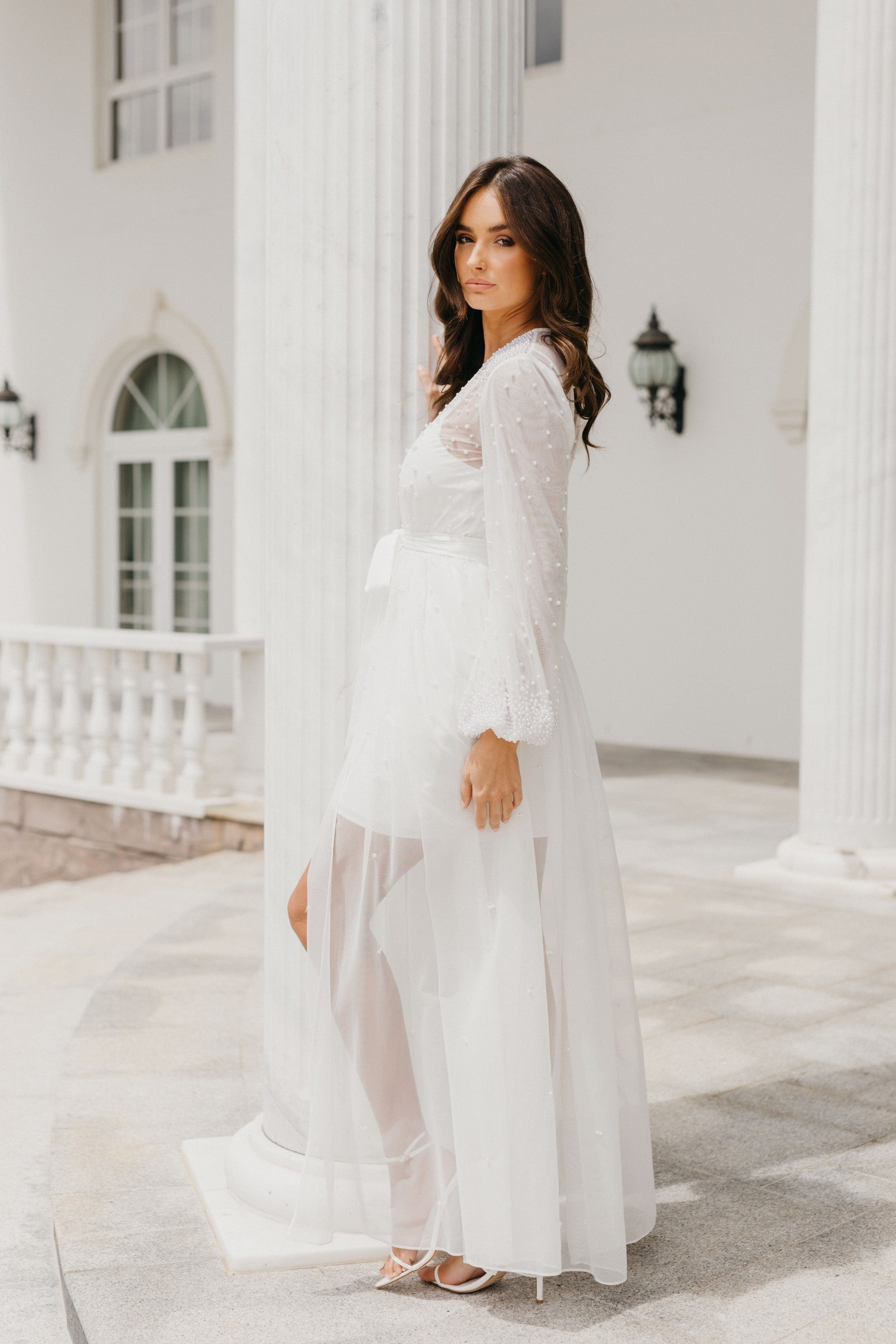 Millie Hand-Beaded Pearl Mesh Maxi Dress with Slip - Elegant Evening Gown for Weddings, Parties & Special Occasions