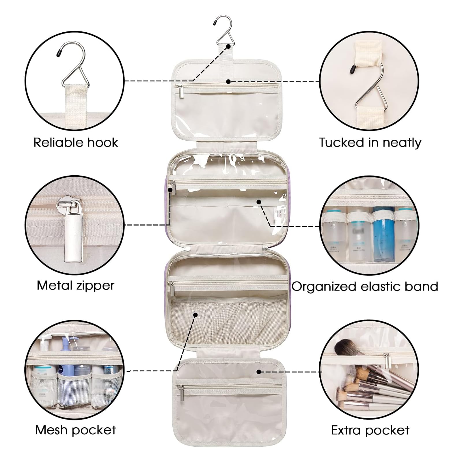 Narwey Hanging Toiletry Bag for Women - Travel Makeup Organizer with Multiple Pockets, Waterproof Cosmetic Bag for Toiletries & Travel Essentials (Medium, Purple) - Perfect for Vacation, Business Trips & Gym Use