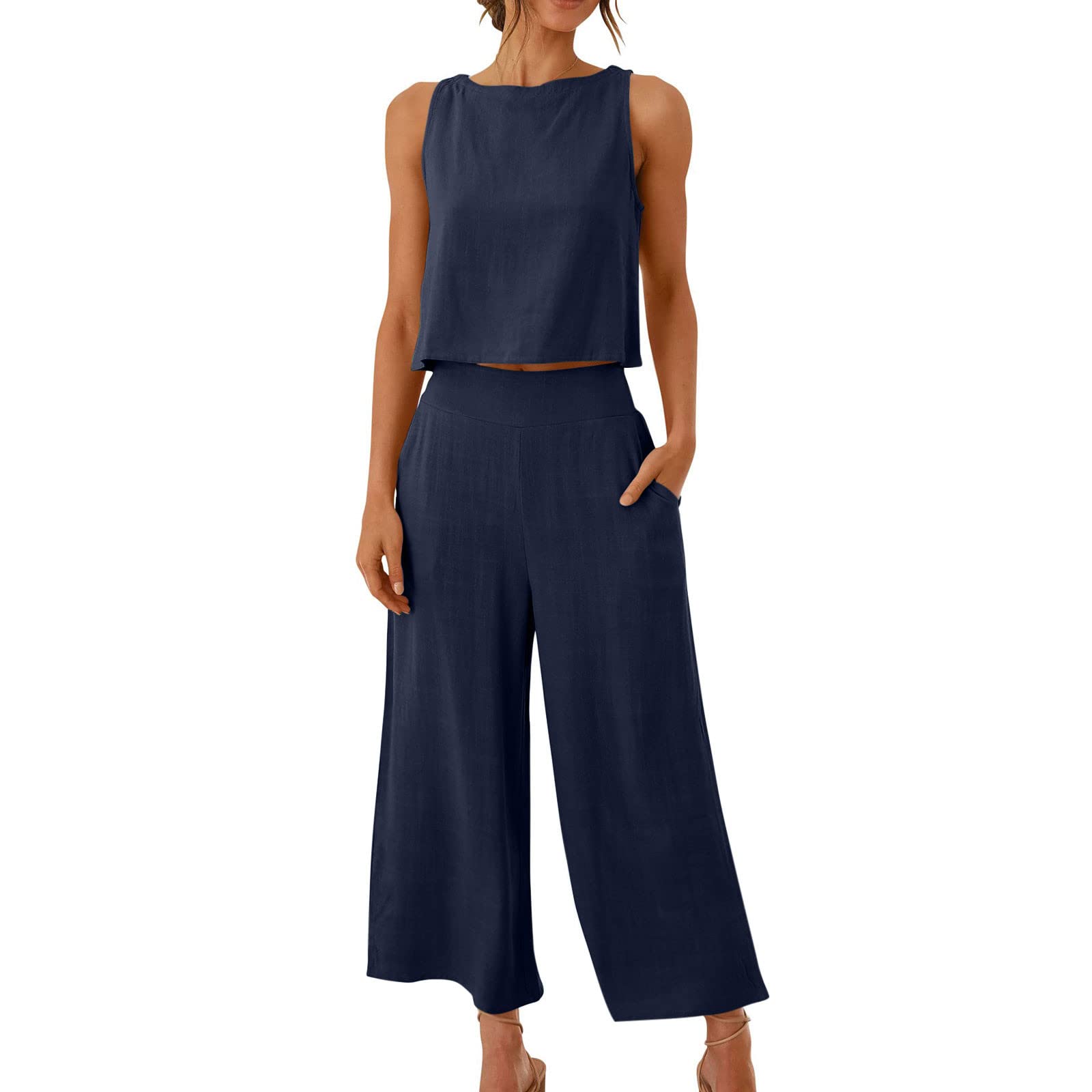 Women's Linen Two-Piece Lounge Set - Sleeveless Crop Top & Wide Leg Capri Pants with Pockets | Summer Outfit for Casual Wear, Beach Vacation & Home Relaxation