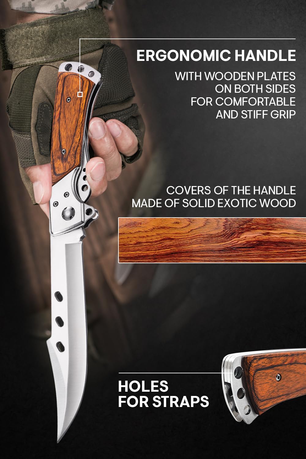 Grand Way Long Blade Folding Knife - Sharp Tactical Survival Knife for Hunting, Hiking & Camping - Rosewood Handle Foldable Large Knife for Men & Women - Perfect for Outdoor Adventures, Survival Kits & Gift Giving (Model 4172)