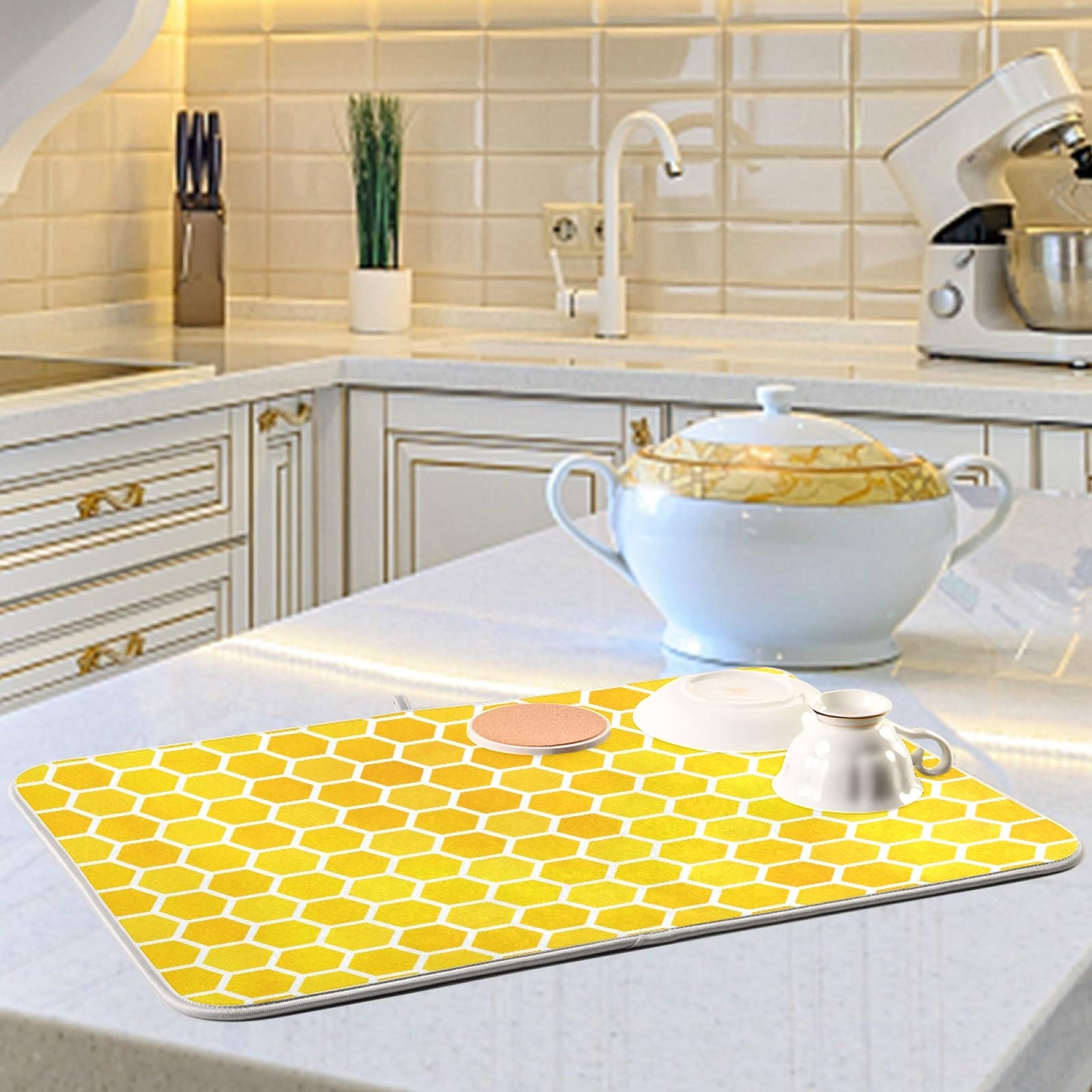 Hexagon Honeycomb Dish Drying Mat - 18x16 Inch Absorbent Microfiber Kitchen Counter Pad | Non-Slip Reversible Bottle & Dish Drainer Mat in Yellow & Orange Gradient | Perfect for Drying Dishes, Utensils & Glassware