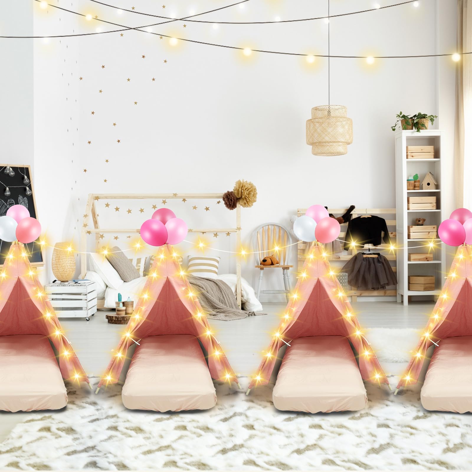4 Pack Kids Teepee Tent for Sleepovers - Includes Mattress, Fitted Sheet & Fairy Lights | Washable Cotton Play Tent for Girls Birthday Parties, Movie Nights & Indoor Camping (Pink) - Perfect for Sleepovers, Playdates & Imaginative Play