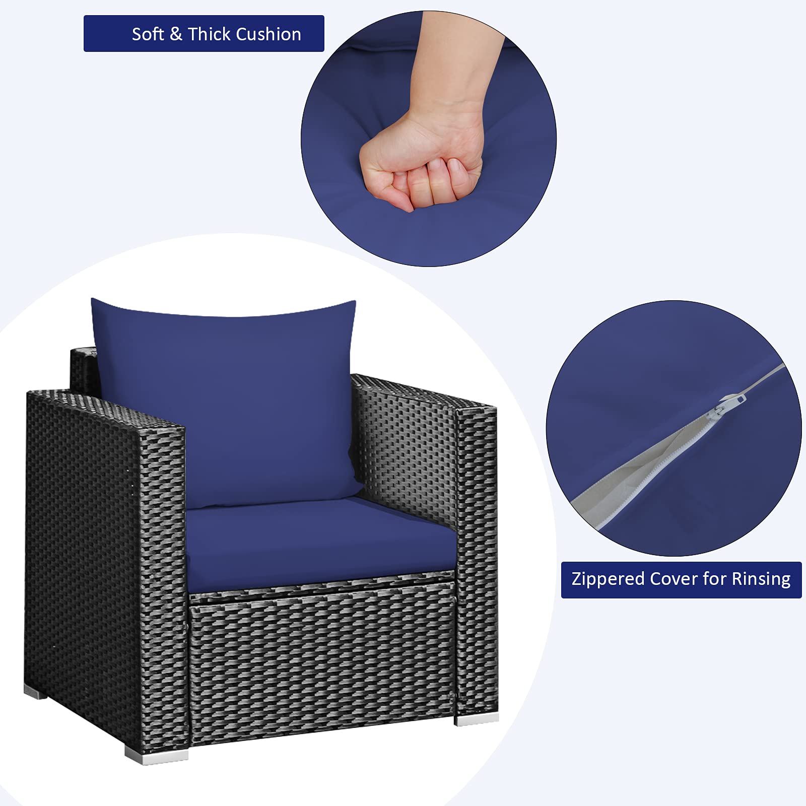 **Tangkula 3-Piece Patio Furniture Set - PE Rattan Wicker Sofa with Washable Cushions & Tempered Glass Table, Outdoor Conversation Set for Garden, Poolside, Patio, and Backyard (Navy Blue)**